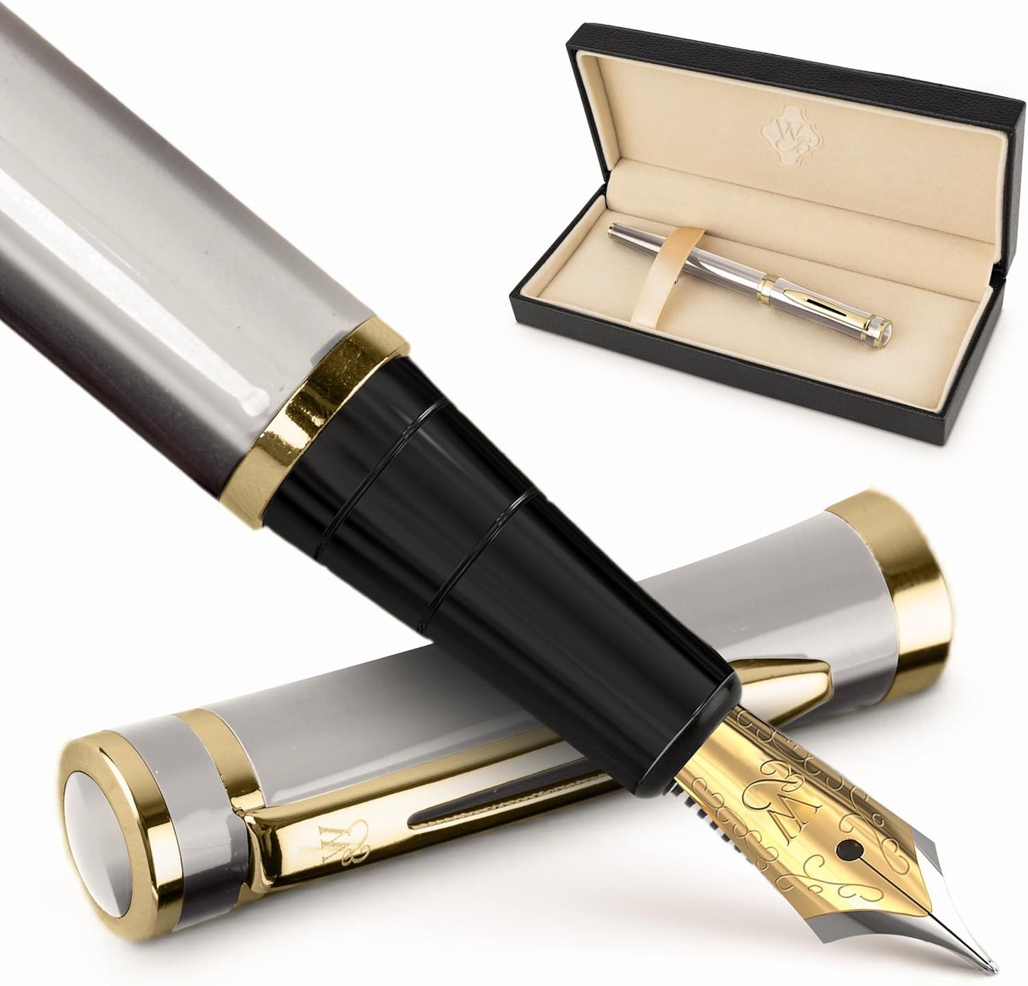 Wordsworth & Black Fountain Pen Set, 18K Gilded Broad Nib, Includes 6 Pack Ink Cartridges, Ink Refill Converter & Gift Box, Gold Finish, Calligraphy, [Silver Gold], Perfect for Men & Women
