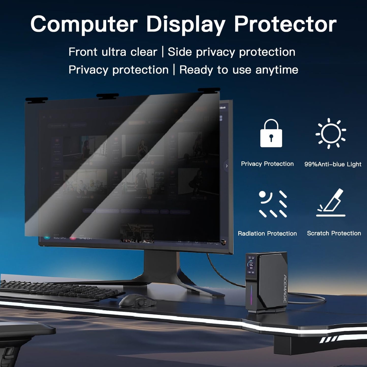 21.5 Inch Magnetic Hanging Computer Privacy Screen for 16:9 Widescreen Monitor, Removable Privacy Screen Anti Glare Blue Light Computer Screen Privacy Shield, Anti-Scratch