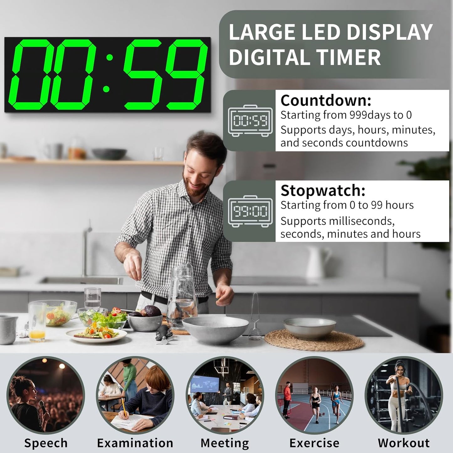 18.7in Large Digital Wall Clock,LED Digital Clock whih Big Number,Multi-Function Remote Controlled Wall Clock with Timer, Alarm and Calendar Display(Green)