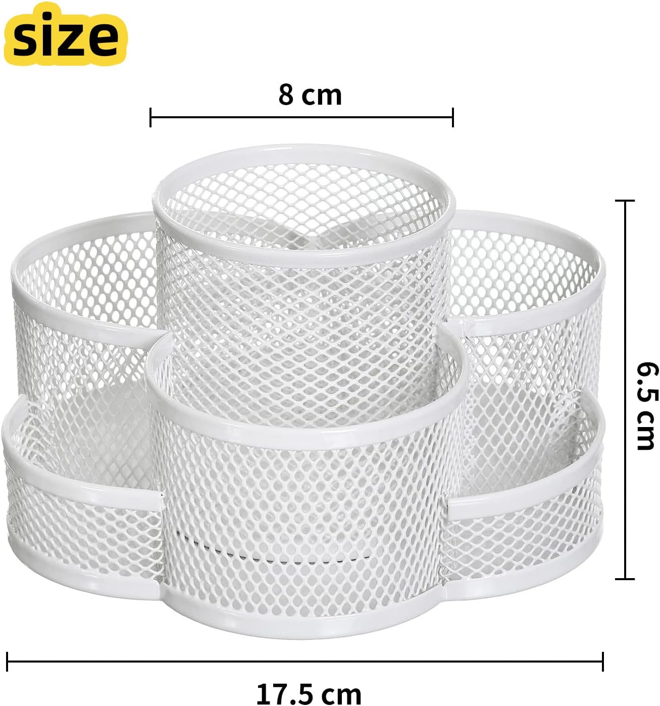 360 Rotatable Metal Mesh Desktop Stationery Organizer Pen Pot Makeup Brush Organizer for Home School Office (White)