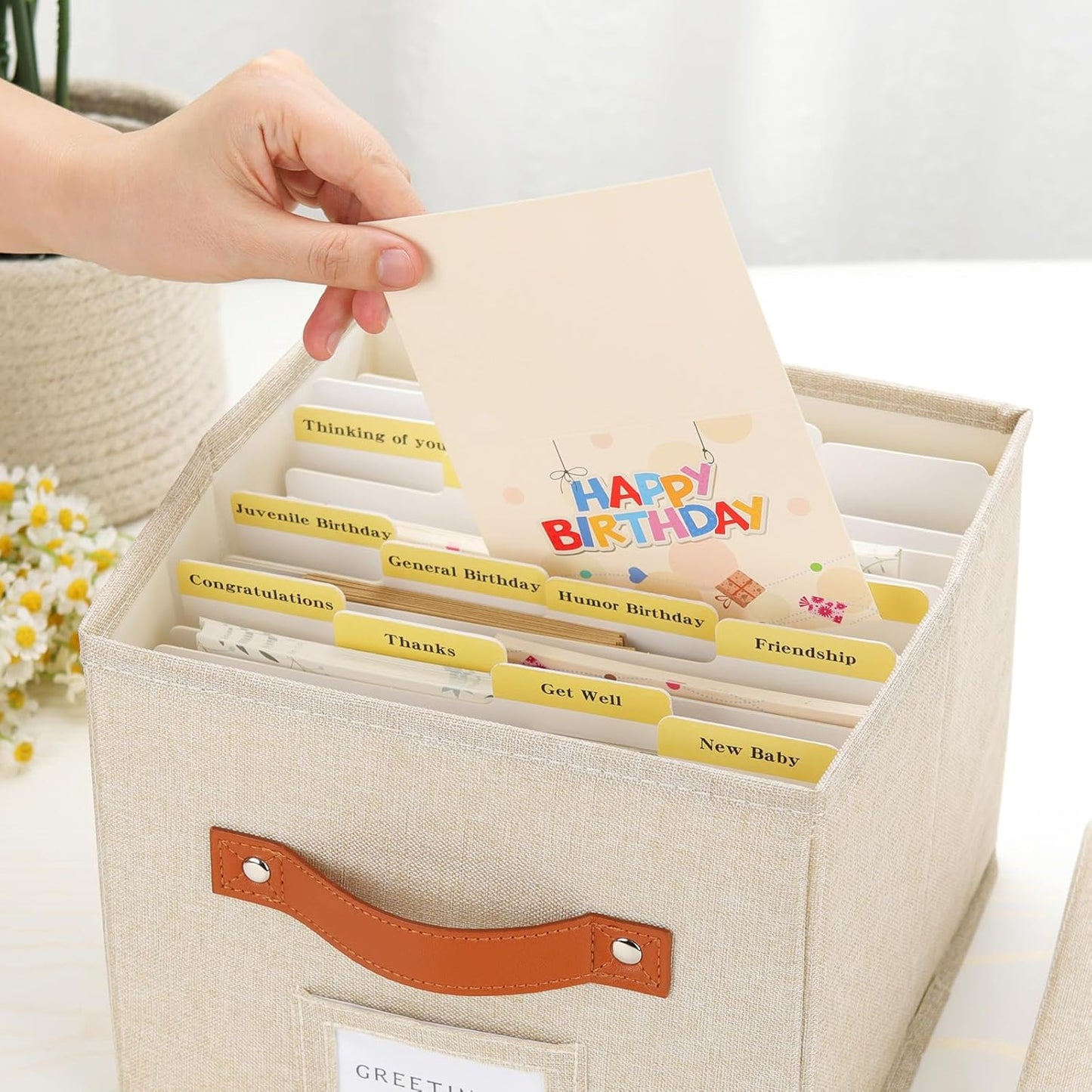 Greeting Card Organizer with dividers - Storage Box with lid Holds 150+ Cards - Assortment Box for Greeting Cards,Recipes, Photos, Envelopes, Keepsake - 9 x 9 x 7 Inches (Beige, 1 pcs)