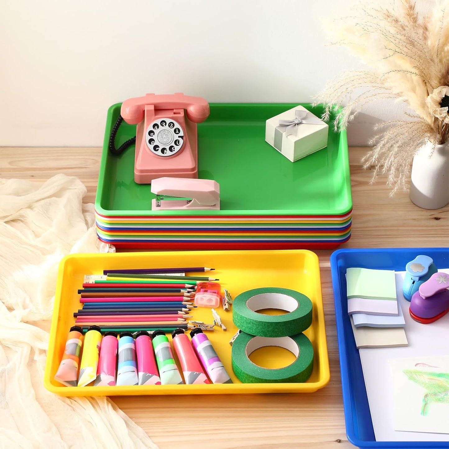 Maitys 15 Pcs Flat Plastic Trays 16.1 x 11.8'' Sensory Storage Tray Paper Stackable Classroom Bins for Office Home Organizer Arts and Crafts Supplies(Multicolor)