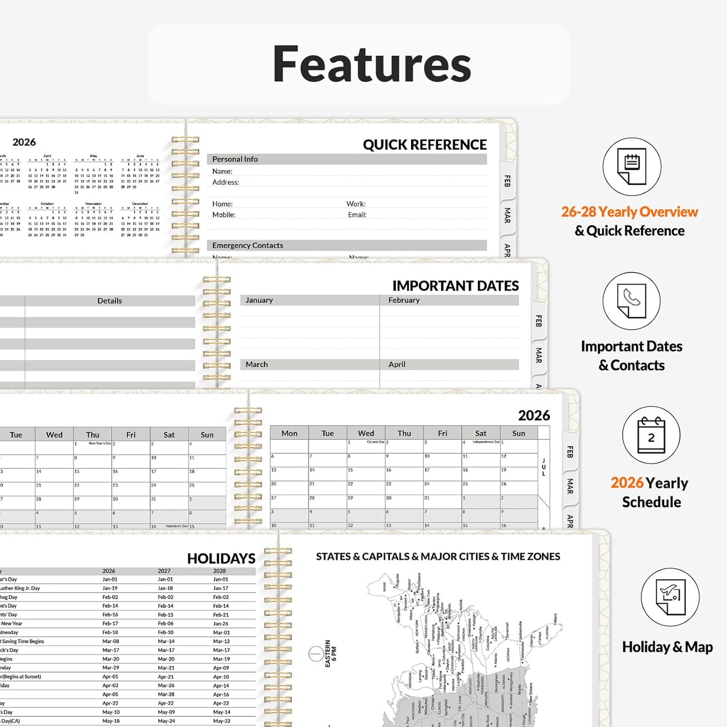 SUNEE Planner 2026 Weekly and Monthly, January 2026-December 2026, 8.5"x11", Tabs, Note Pages,Spiral Binding, Black
