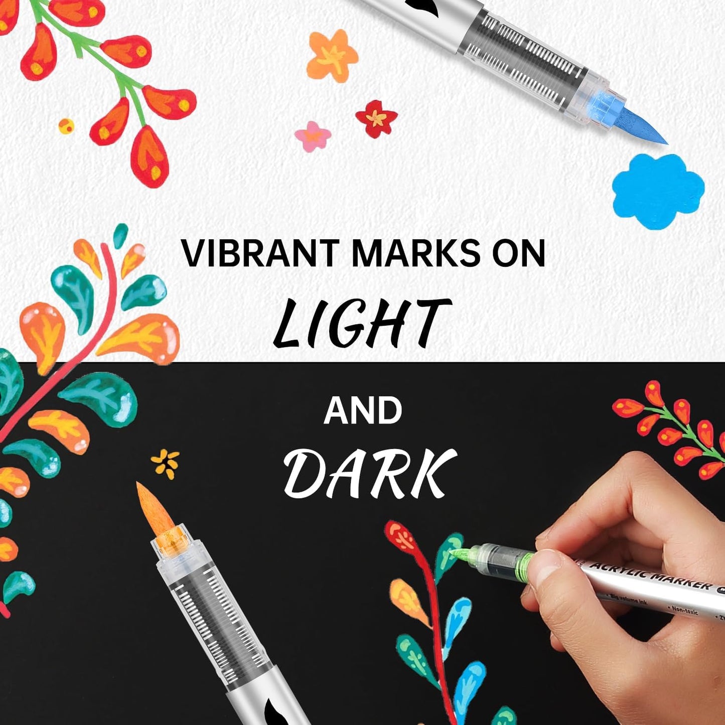 GC QUILL Acrylic Paint Markers – 48 Colors Acrylic Paint Pens with Brush Tip for Rock, Wood, Glass, Canvas, DIY Crafts – Acrylic Markers Set for Kids, Adults, Artists & Crafters GC-AM48