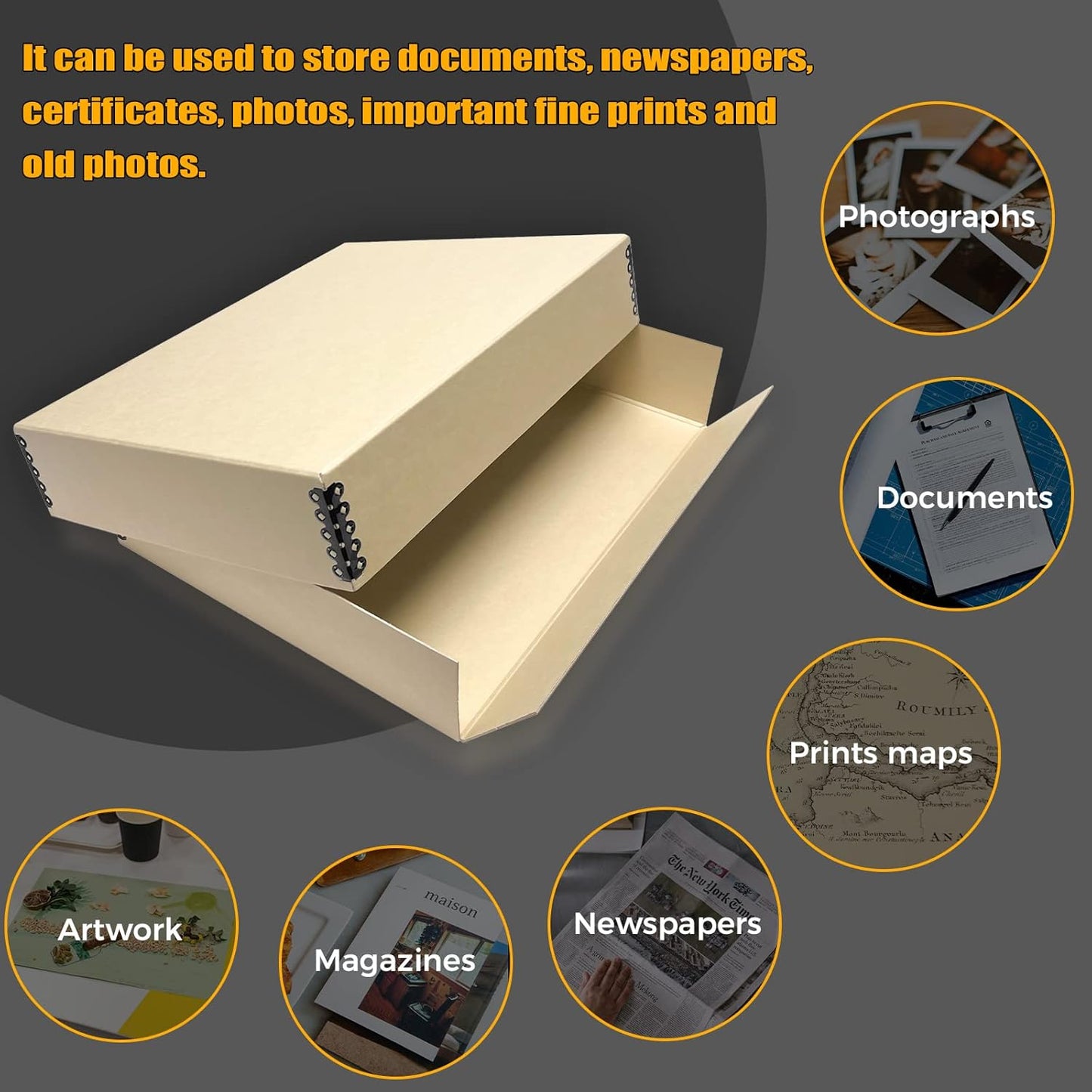 Golden State Art, Archival Storage Box, Acid-Free Drop Front Museum Box with Metal Edge for Storing Artwork Photos Documents Prints Arts And Crafts (Tan-11.75x15.25x3 Inches)