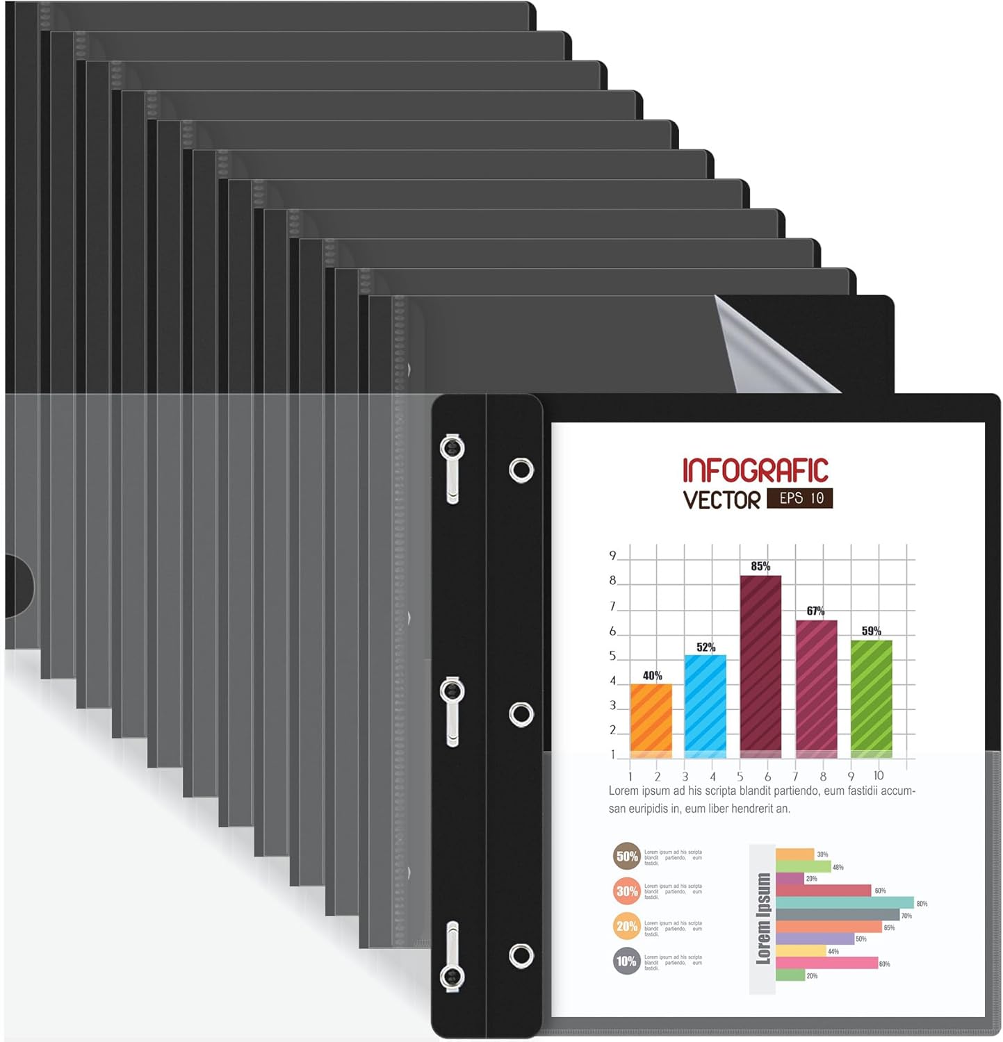 HAUTOCO 12 Pack Plastic Report Covers with 3-Prong Fasteners Clear Front Resume Portfolio Folder for 8.5x11 Letter Size Paper, Presentation Document Report Folders for Office School Use, Black
