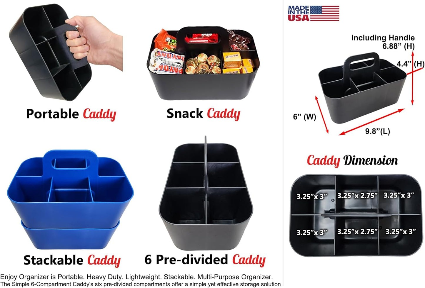 2 Pack Small 6 Compartment Multiuse Caddy Organizer with Handle Art Craft Supplies, Office, Desk, Stationery Pen Holder Stackable- Made In USA (Blue)