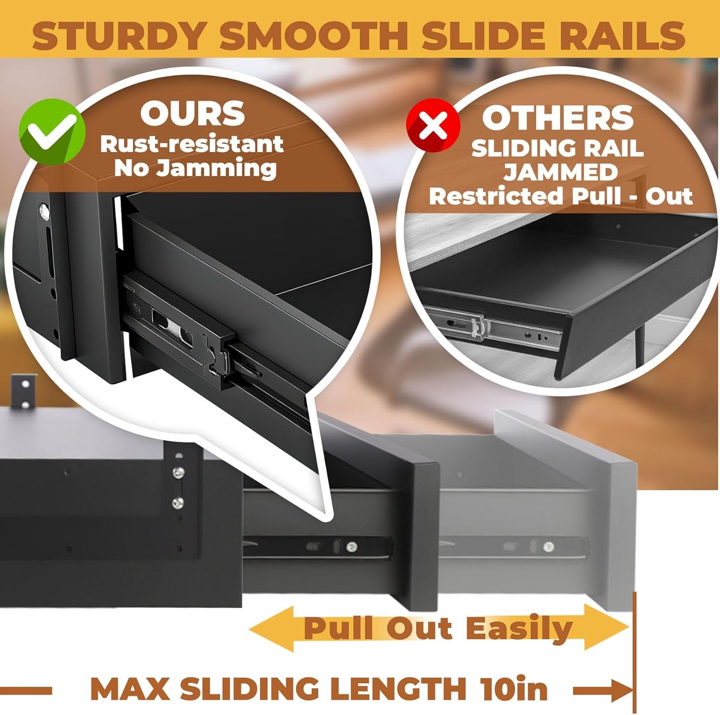 POPMOON 14 In Under Desk Drawer,Under Desk Pull Out Drawer with Lock and Keys,Adjustable Height, Metal Storage Drawer with Slide Extension Mounted Under Flat Wooden Table or Workbench,Black