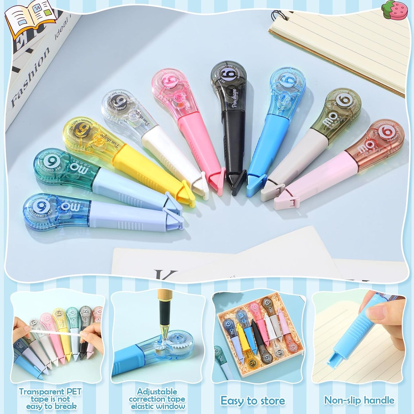 9 Pack Correction Tape Pens 1/5" X 236", 9 Color Correction Tape Comfortable Pen Shape Correction Pen Easy to Use Applicator for Instant Correction Students School Office Supplies