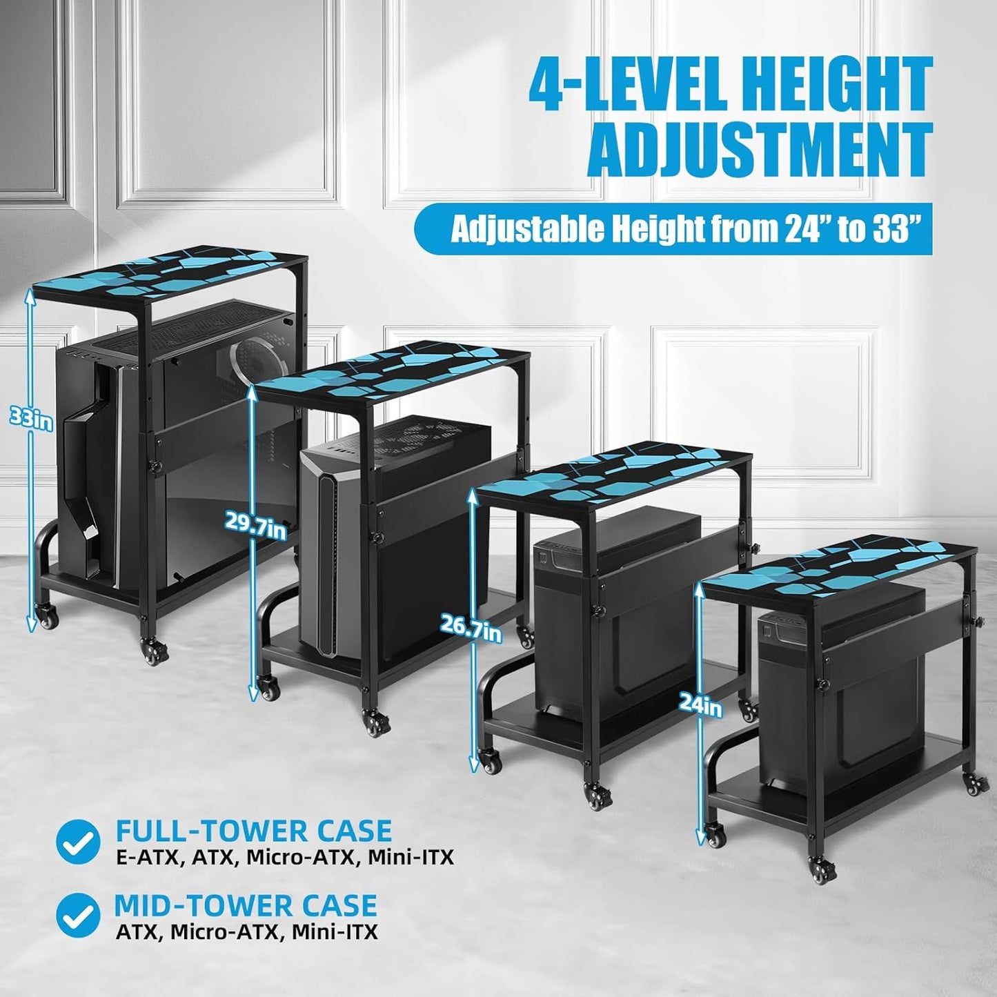 Computer Tower Stand Adjustable, Large for Full Tower with Guard Rail, Metal Wheels, 2-Tier Design, PC Tower Stand for Floor, CPU Holder Cart for ATX, E-ATX, ITX 32.7" X 21.6" X 15.8"