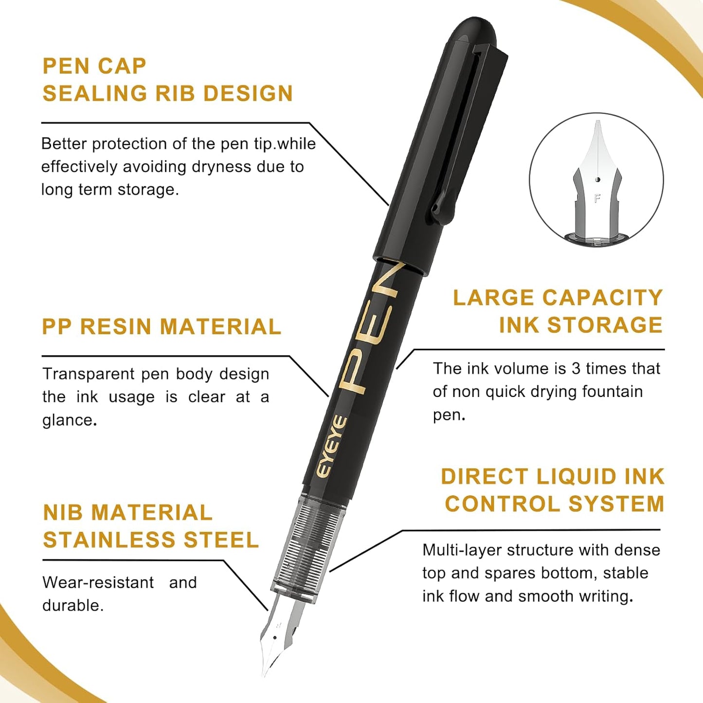EYEYE Disposable Fountain Pens, 8 Pack Black Fine Point Pens Calligraphy Pens for Writing, Stainless Steel Nib, Smooth Writing for Journaling, Drafting, Sketching, Doodling & Office Supplies