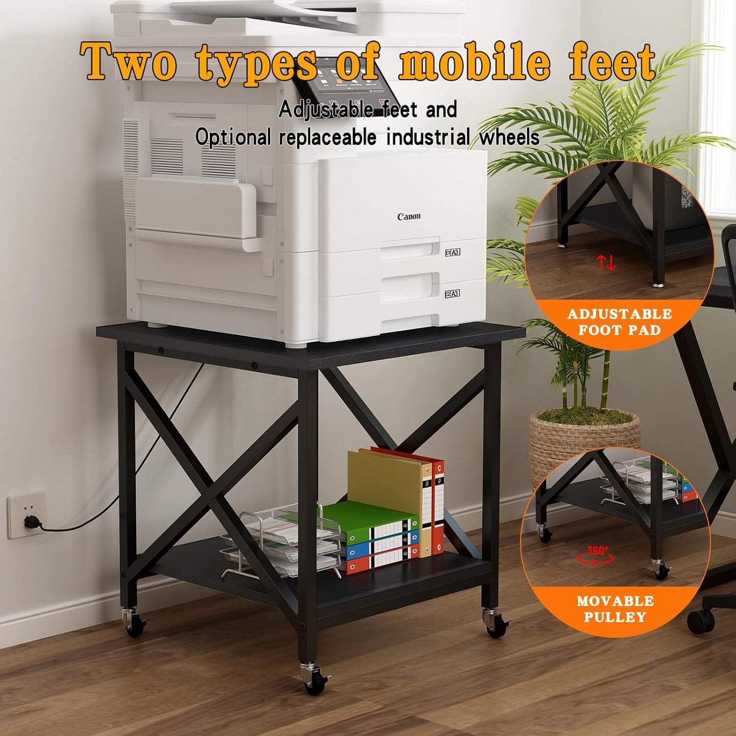 Large Printer Stand with Power Outlet, with Storage Shelf, 2 Tier Rolling Printer Cart with Industrial Wheels, 23.6 x 23.6 Inches Printer Table for Home Office,Black