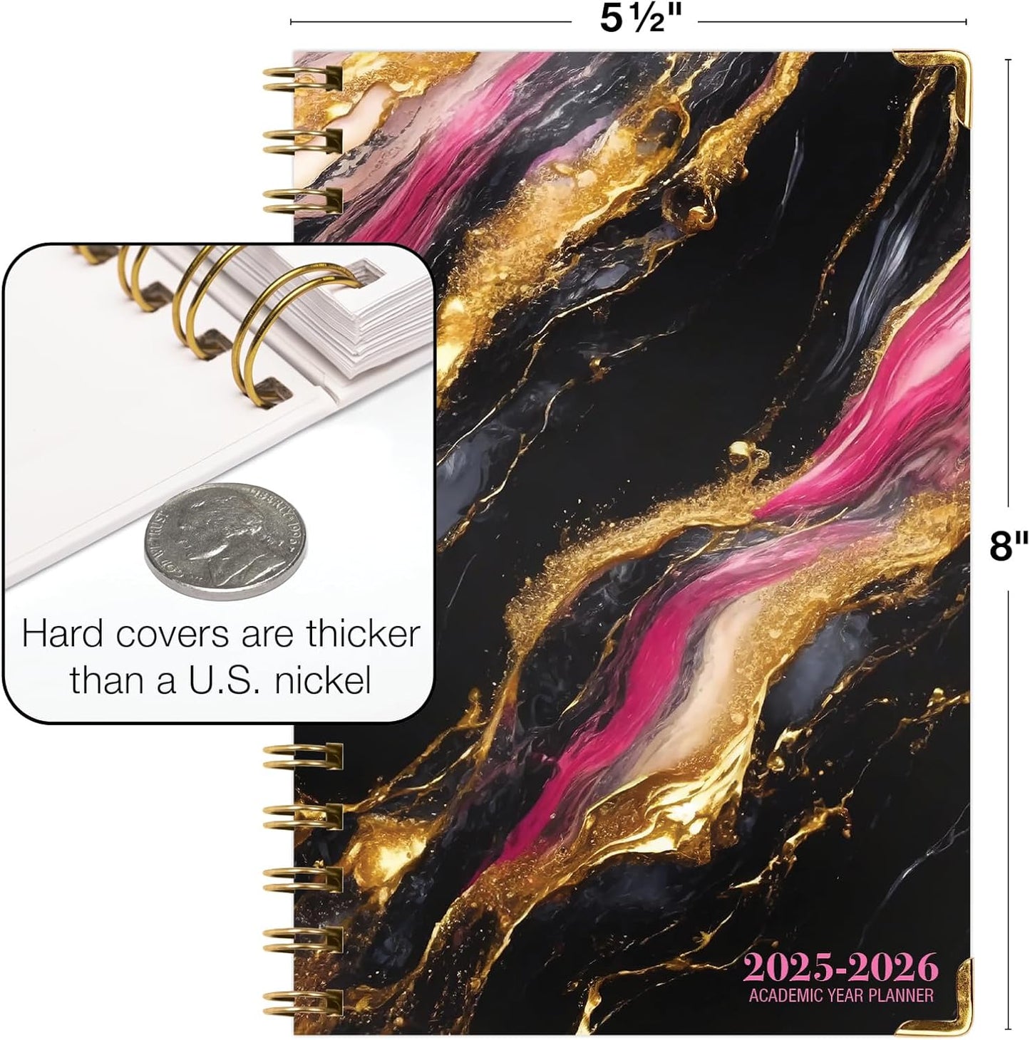HARDCOVER Academic Year 2025-2026 Planner: (June 2025 Through July 2026) 5.5"x8" Daily Weekly Monthly Planner Yearly Agenda. Bookmark, Pocket Folder and Sticky Note Set (Dark Gold Marble)