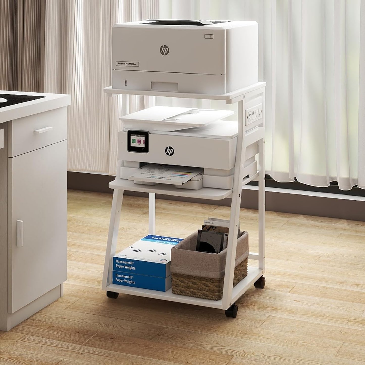 Natwind 19.7"x15.7" Printer Stand,3 Tier Printer Table with Charging Station, Rolling Cart with Adjustable Storage Shelf for Home Office Organization, Stand for Heat Press,3D Printer (White)