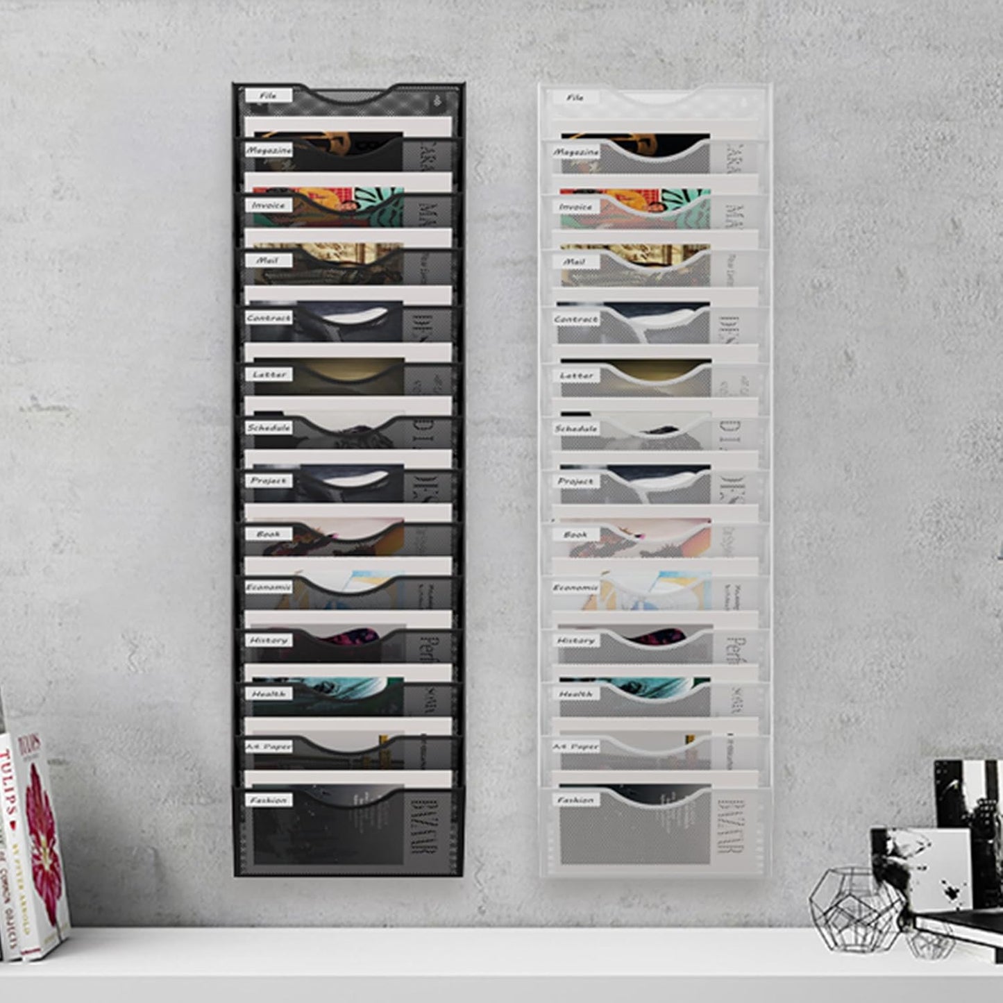 14 Tier Hanging Wall File Holder, Metal A4 Wall Mounted Document Holder, Vertical Hanging Mail Organizer, Magazine Storage Rack with Tray for Office Home Classroom, White