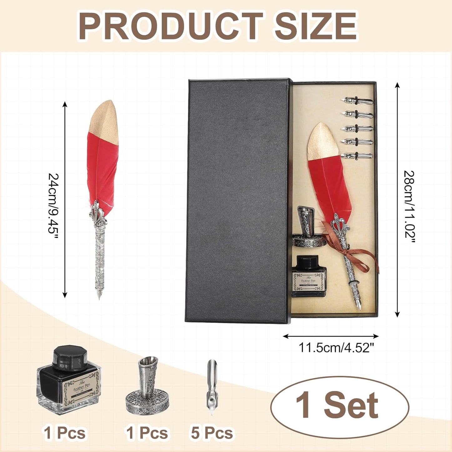 PATIKIL Feather Quill Pen Set, 1 Set Vintage Feather Calligraphy Pen Fountain Dip Pen Set with Ink, Pen Holder and Replacement Nibs for Beginner Writer Writing Gift, Red