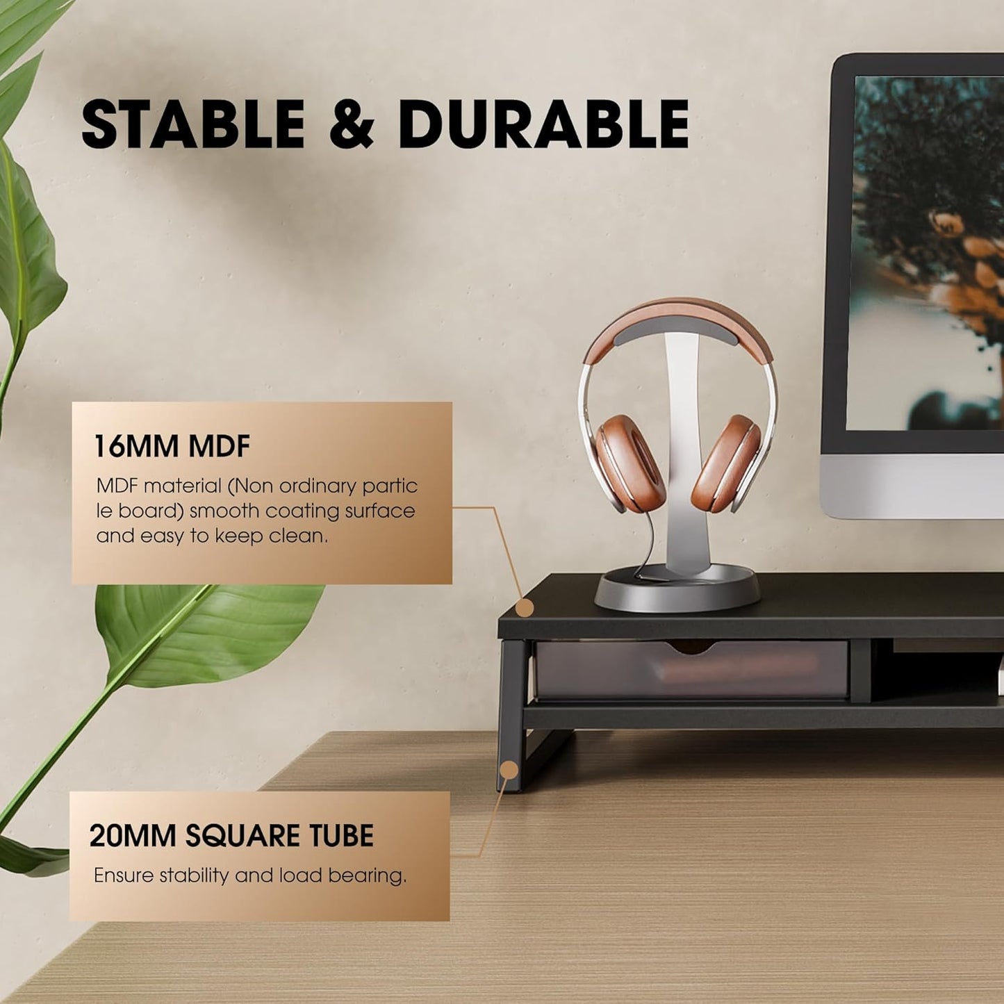 Fenge Dual Monitor Stand, Monitor Riser with Drawer, 42.5 Inch Large Computer Monitor Stand for 2 Monitors, 2 Tier Wooden Desk Shelf for Top of Desk