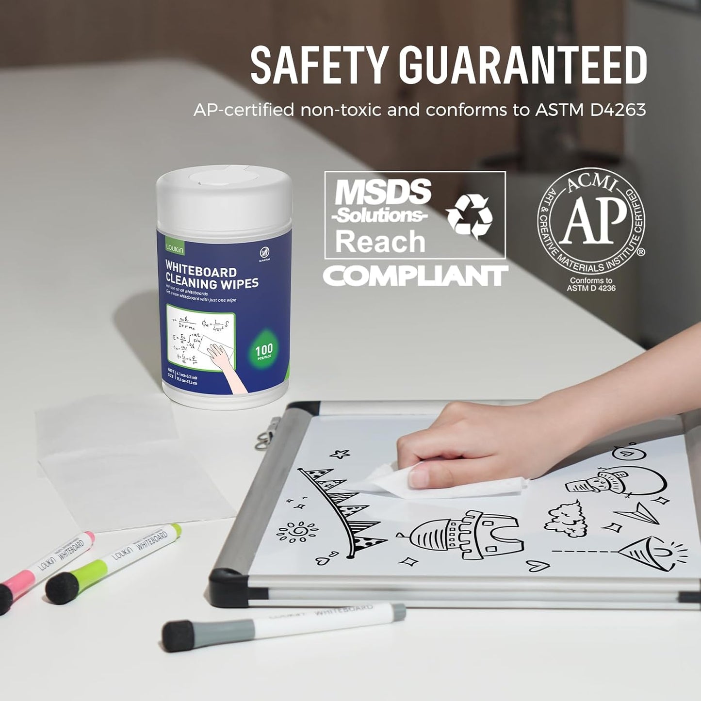 Loukin Whiteboard Cleaning Wipes, Dry Erase Board Cleaning Wipes, Non-toxic White board Wipes, 100 Wipes per Canister, 6 Pack