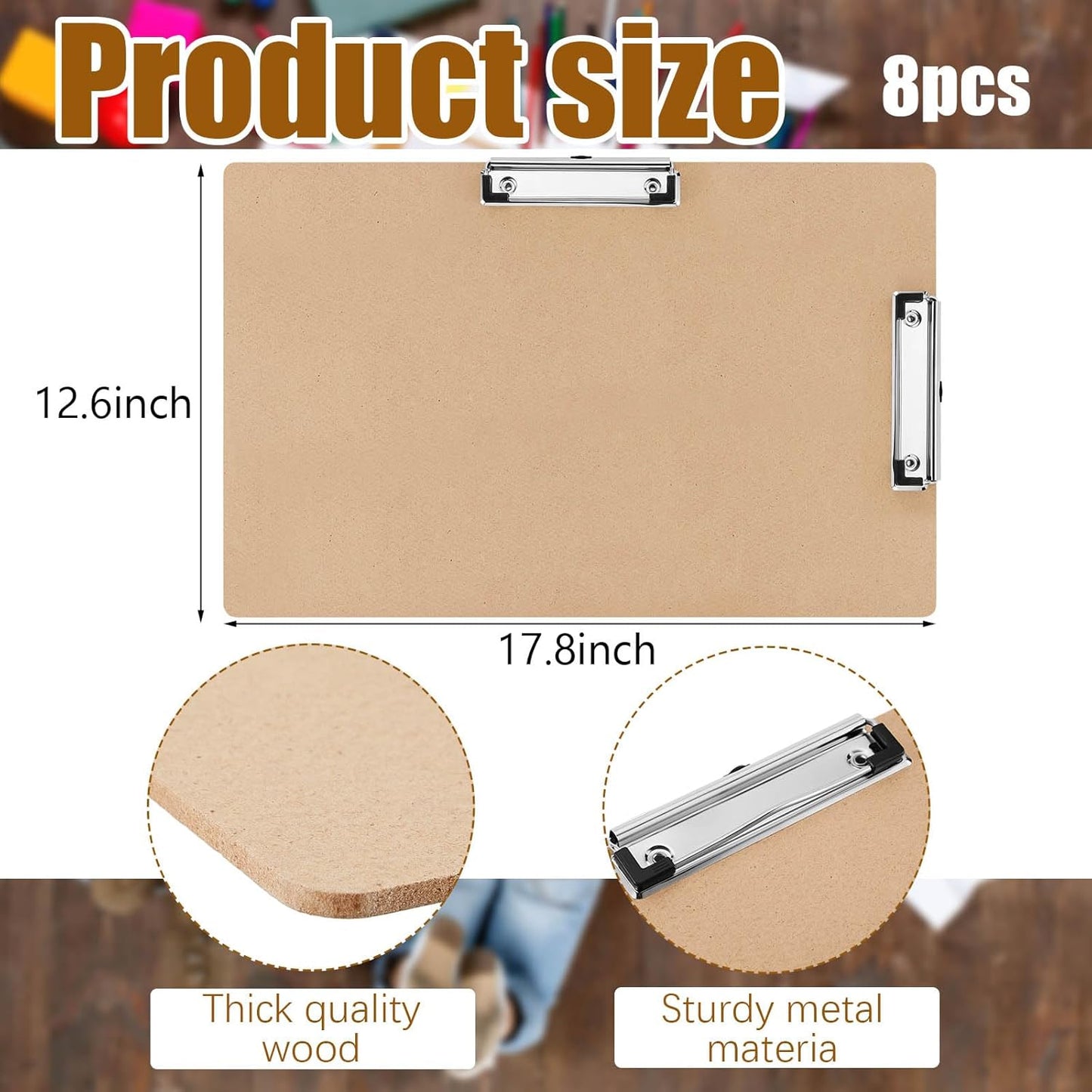 Henoyso 8 Pcs 11x17 Clipboard Wooden Lap Board with Low Profile Clip Brown Double Landscape Clip Hardboard Drawing Board Landscape Horizontal Large Clipboard for Desk Paper Sketching Art Supplies