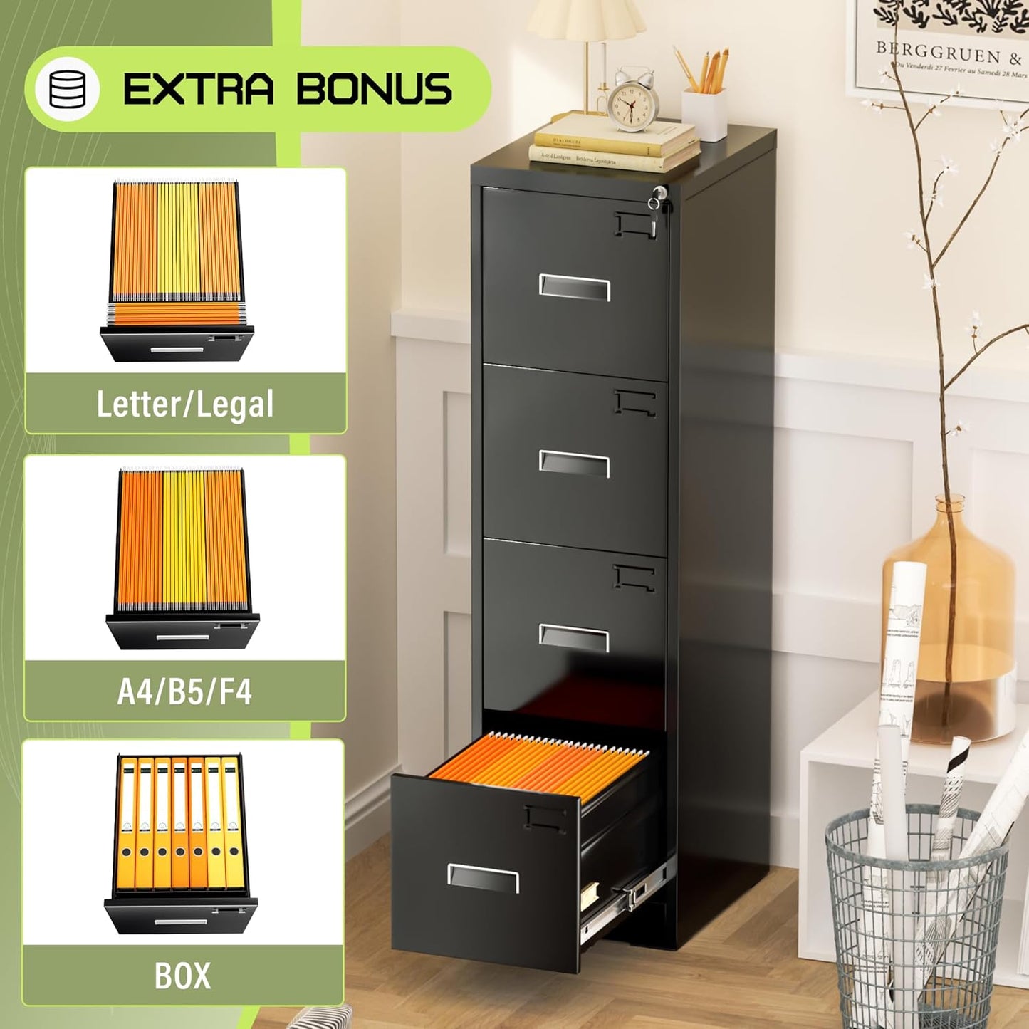 Crownland Lateral File Cabinet with 4 Drawers, 15" W Metal Lockable Office File Cabinets for Home Office- Stores Letter/Legal/A4/F4 Files(Black)