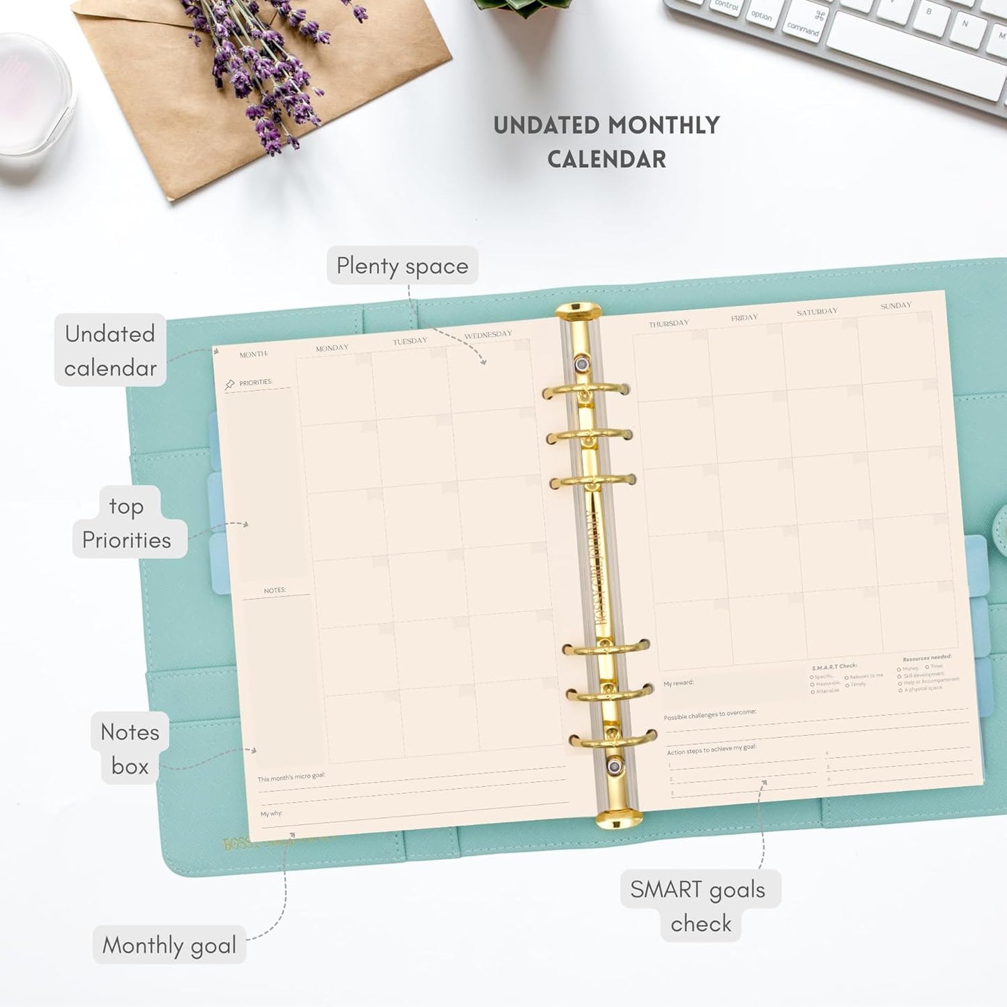 Bossy Girl Journey - A5 Daily Planner Binder – Undated Time Blocking Refillable Organizer for Women with 110gsm Paper, PU Leather Cover, Stickers, Dividers, Pen Loop, Gift Box – Goal Setting & Productivity (Pistachio)