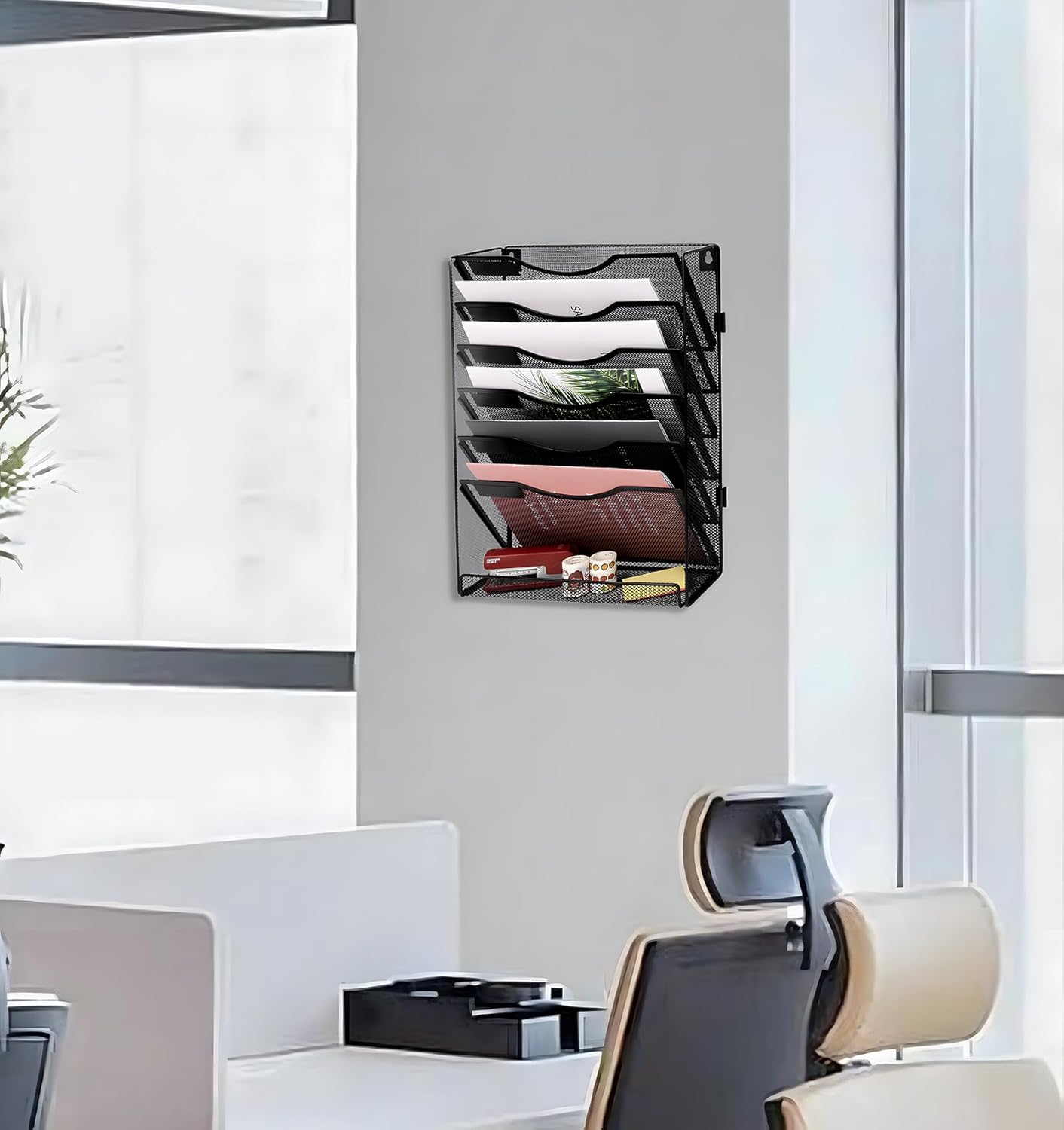 EasyPAG Wall File Holder Organizer 7 Tier Mesh Hanging Wall Mounted Document Paper Folder Filing Magazine Rack with Nametag Label for Office Home School, Black