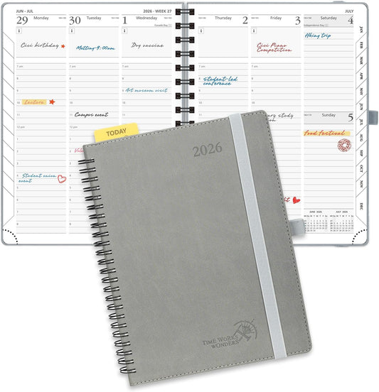 POPRUN 2026 Planner (Medium - 6.5'' x 8.5'') with Hourly Schedule, Vertical Layout - 2026 Weekly Calendar (Jan. 2026 - Dec.2026) for Time Management, Monthly Tabs, Spiral Bound, Soft Cover - Grey