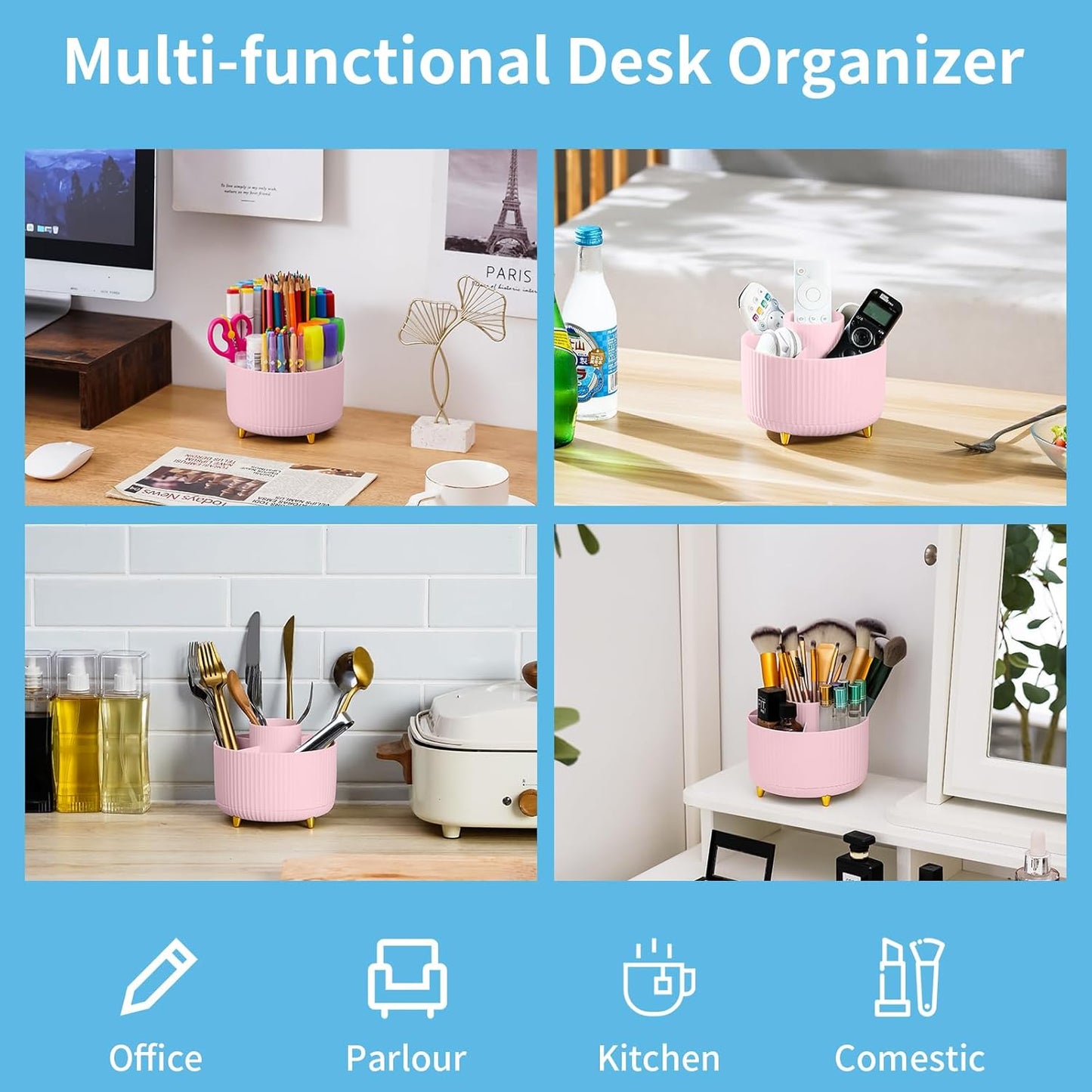 Marbrasse Desk Organizer, 360-Degree Rotating Pen Holder, Desk Organizers and Accessories with 5 Compartments Pencil Organizer, Art Supply Storage Box Caddy for Office, Home(Pink)