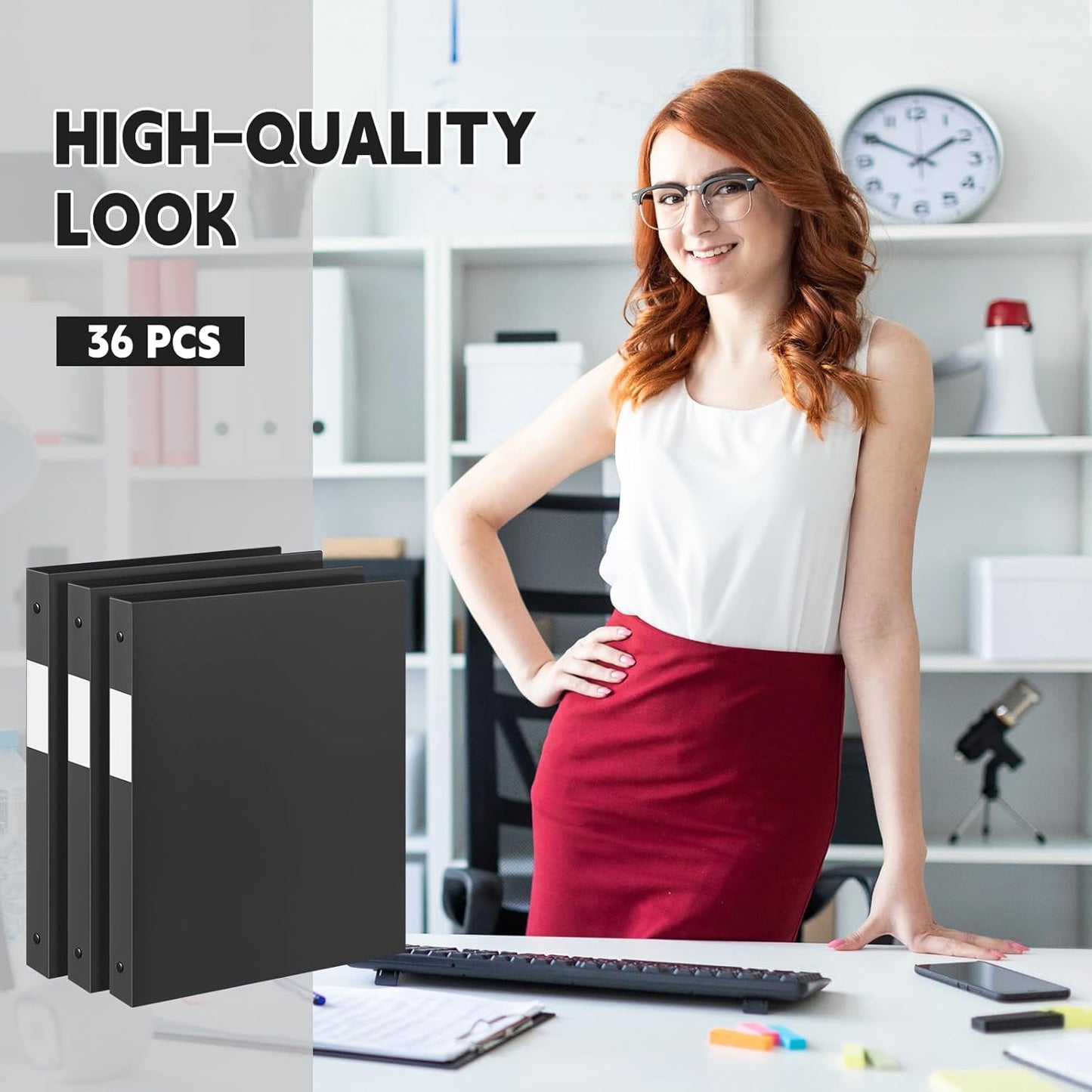 Henoyso 36 Pcs 3 Ring Binder 1/2'' Round Fits Letter Size 8. 5'' x 11'' Paper Plastic Flexible Binder Holds 100 Sheets with 1 Pockets Versatile Organizer for Office Home School (Black)