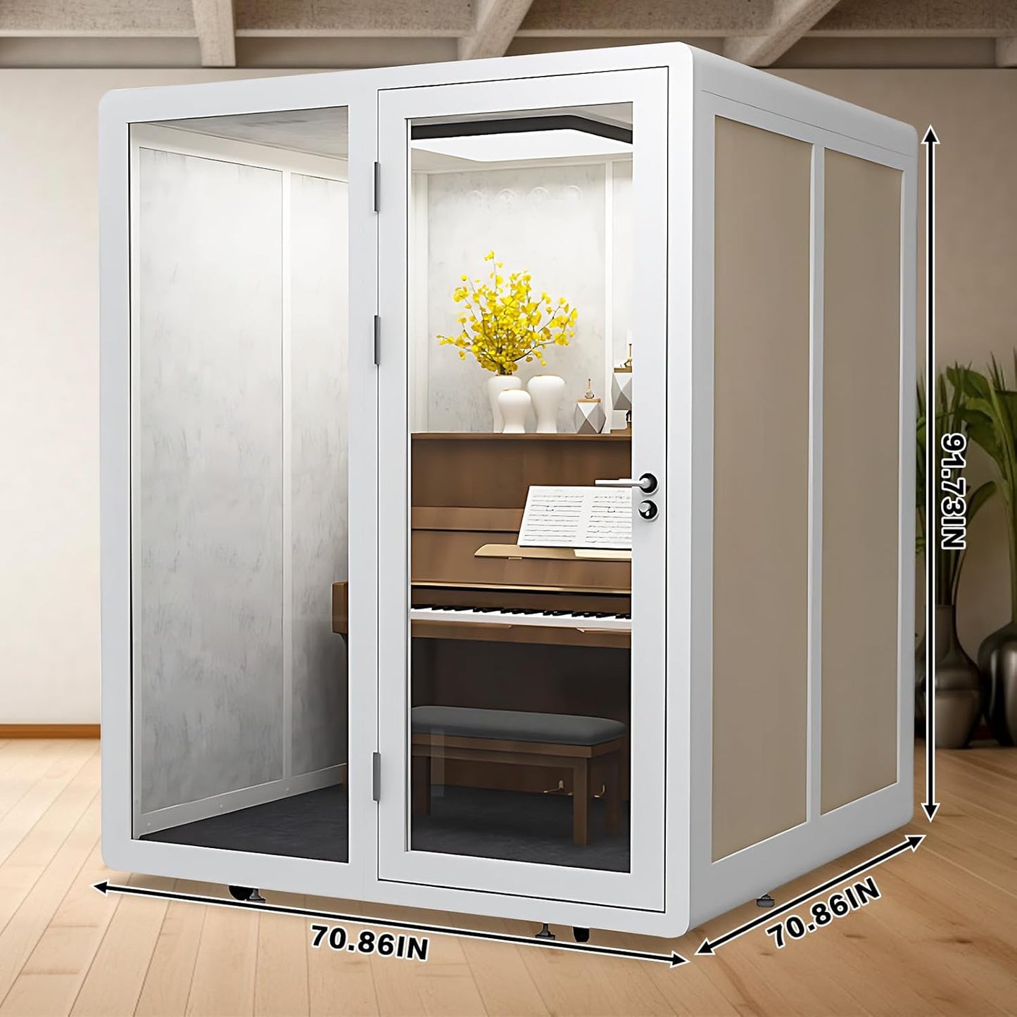 Office Sound Booth with Audio Privacy - Soundproof Booth Includes White with Wood Grain Side Trim,Soundproof Room with Light,Fans, Socket for Piano Room,Negotiation Room (70.86IN)