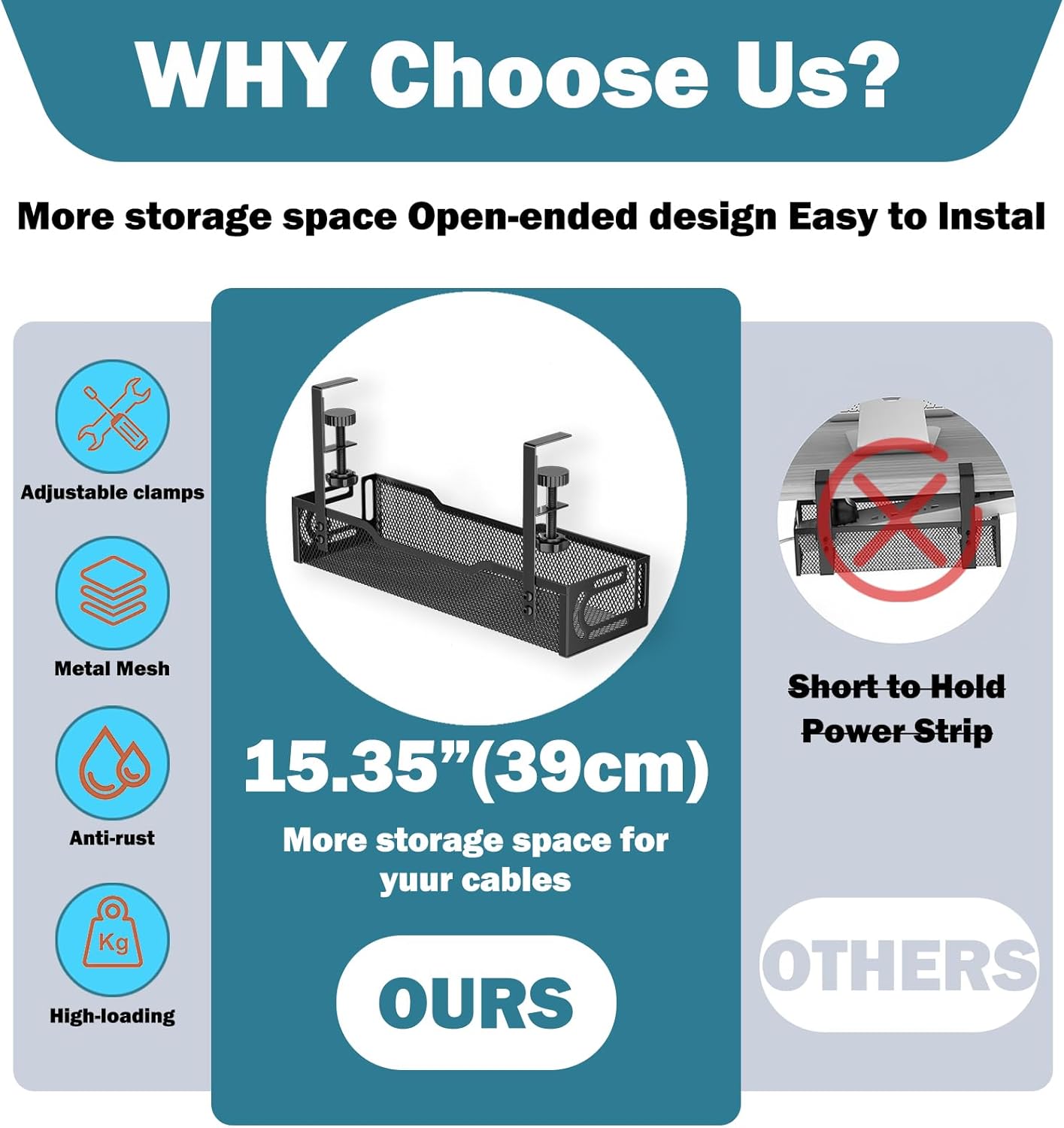 Under Desk Cable Management Tray, No Drill Mesh Desk Cable Tray, Wire Management Tray Cable Management Rack, Wire Organizer and Cable Management Box (Black)