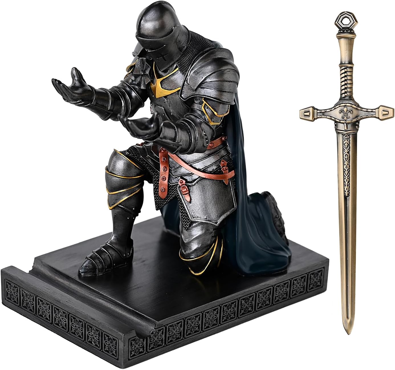 Medieval Armored Warrior Wearing Outerwear, Mobile Phone Stand Knight Pen Holder Desk Organizers, Resin Bookends Paperweight with a Letter Opener for Desk (Iron&Green)