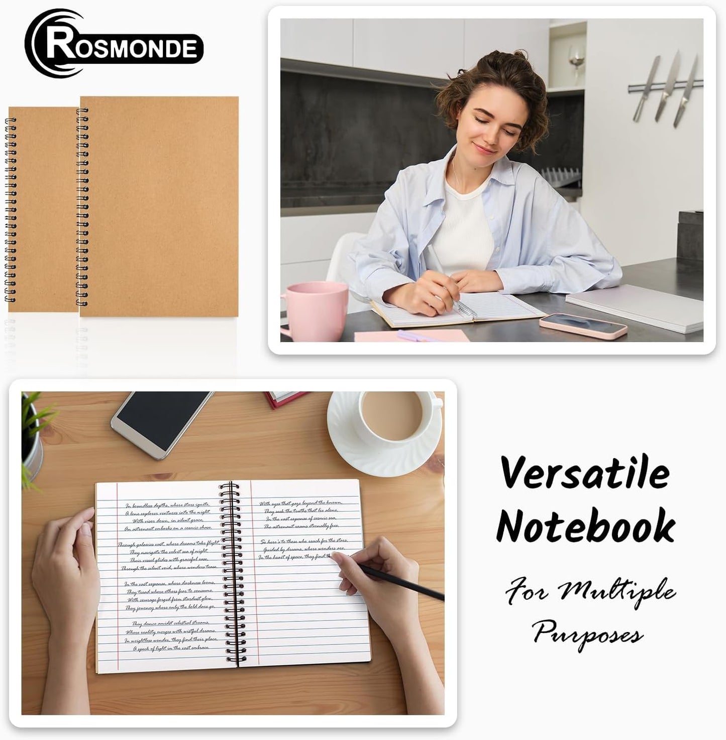 6 Pack Lined Journal Spiral Notebook College Ruled, 5.8 x 8.3, 120 Pages (60 Sheets), 100 GSM Thick Paper Notebooks, Daily Writing Journals for Men and Women, Work, Office & School Supplies