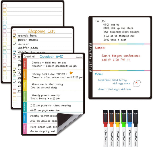 Magnetic Dry Erase List Board - 6.5"x8.5" Weekly, Daily, 2 List Boards for Fridge - 6 Extra Fine Point Markers Included - Shipped Flat