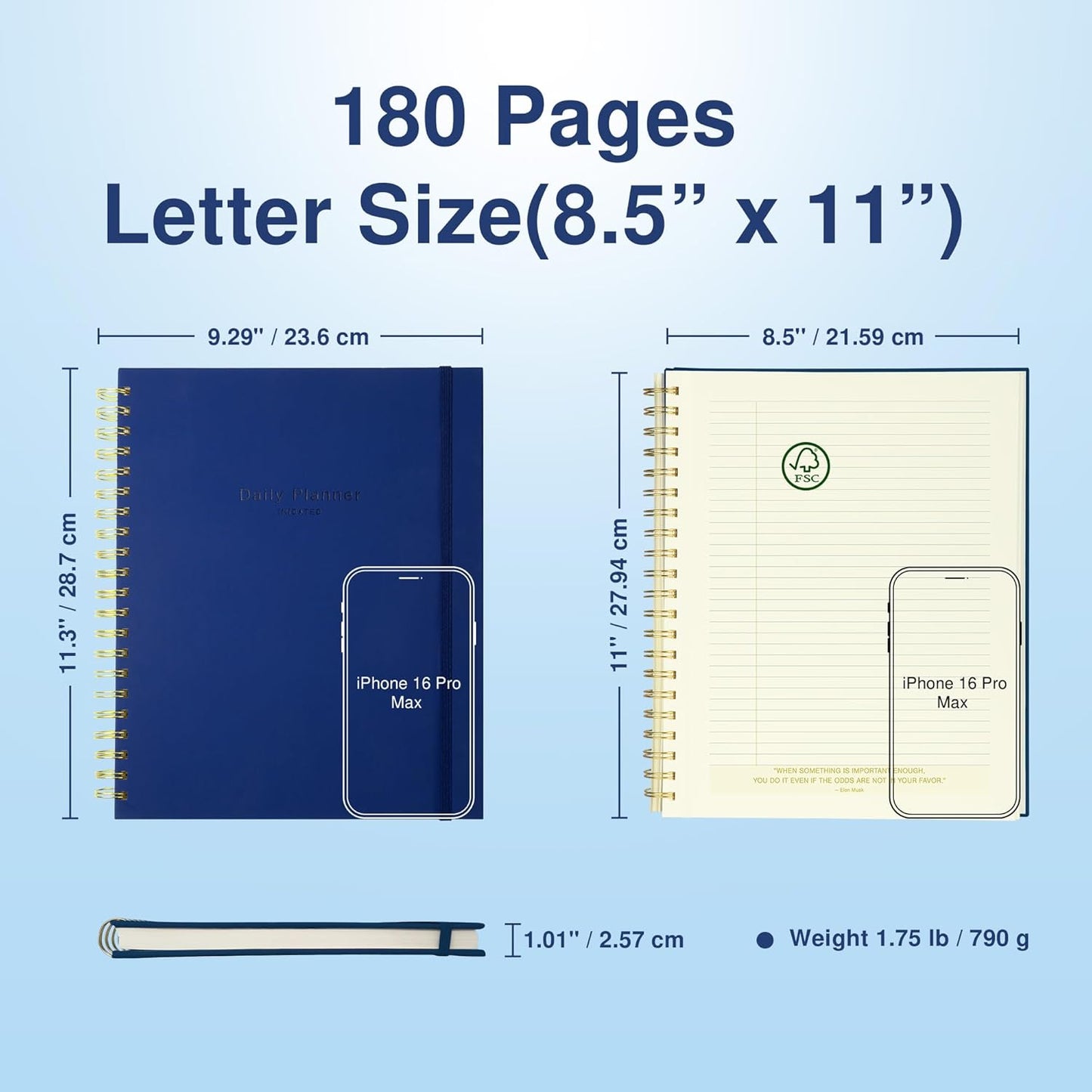 Undated Daily Planner To Do List Hourly Schedule 2027 2026 2025 Calendar & Holiday Habit Tracker 180 Pages Letter Size 8.5" x 11" Sheets Hardcover Spiral Bound Notebook (Navy Blue)
