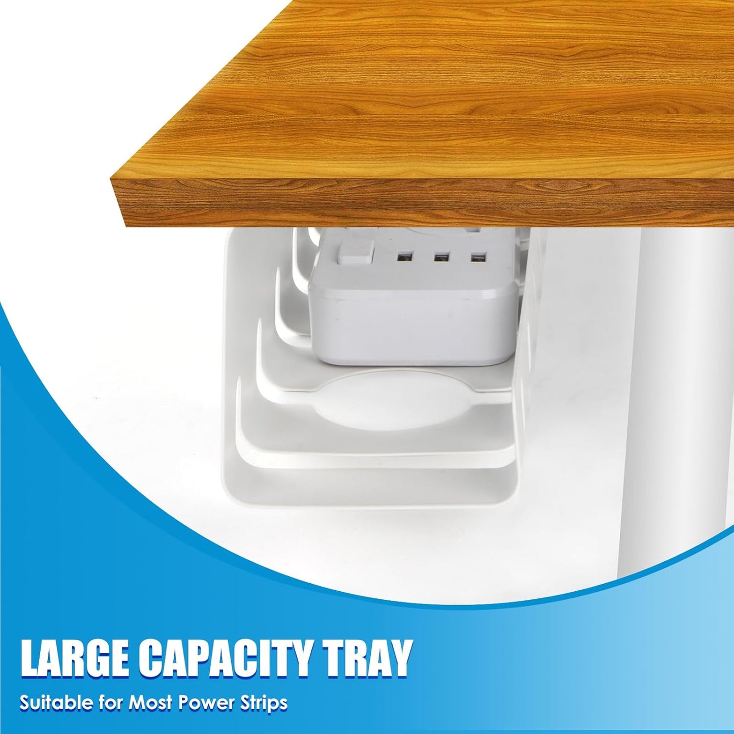 2 Pack Under Desk Cable Management Tray, 17" Wire Organizer for Power Strip, No Drill or Screw Mount, Easy Install Cord Raceway for Desk & Home, White