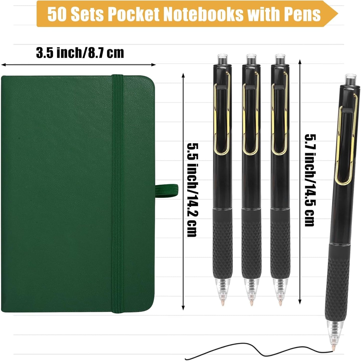 Aodaer 50 Sets Pocket Notebook Journal with Pens, 160 Pages, 3.5 x 5.5 Inch Mini Lined Journal Notebook A6 Leather Hardcover College Ruled Notepad with Pen Holder for School Office Gifts, Dark Green
