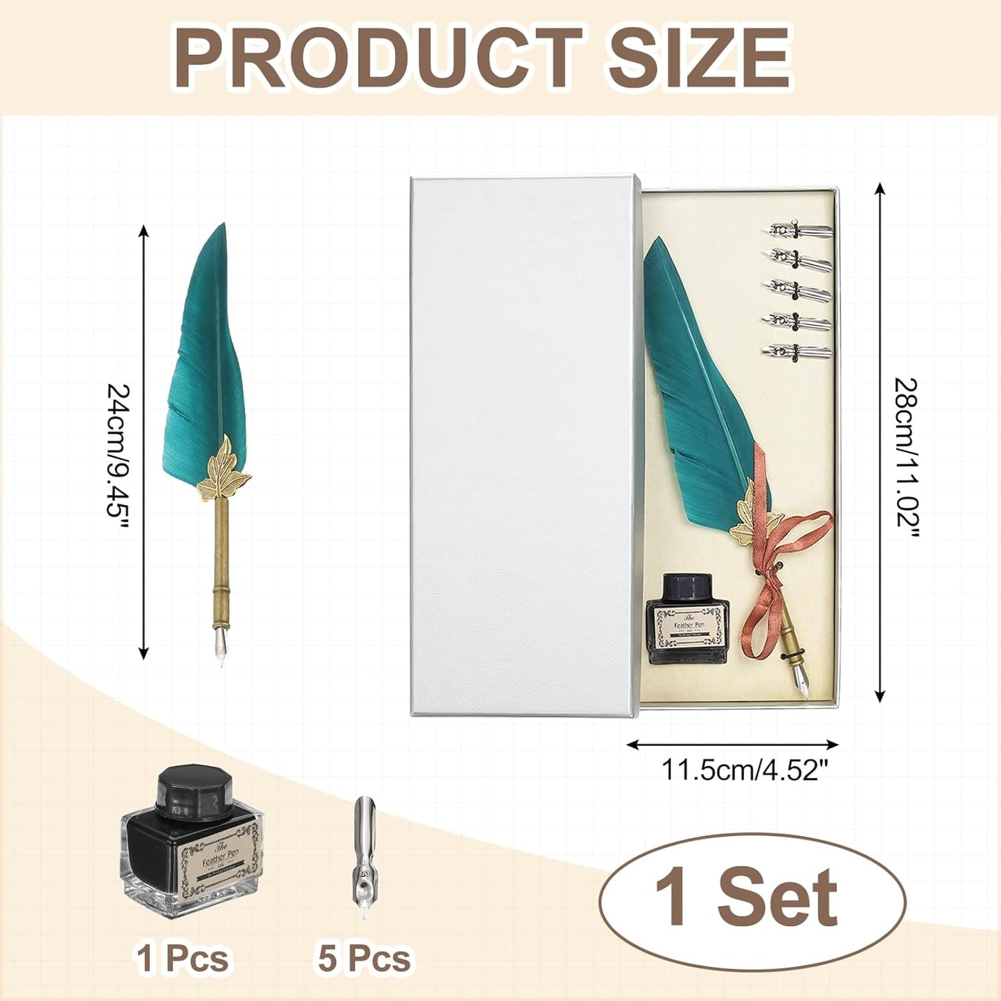 PATIKIL Feather Quill Pen Set, 1 Set Vintage Feather Calligraphy Pen Fountain Dip Pen Set with Ink, Pen Holder and Replacement Nibs for Beginner Writer Writing Gift, Dark Green(Silver Box)