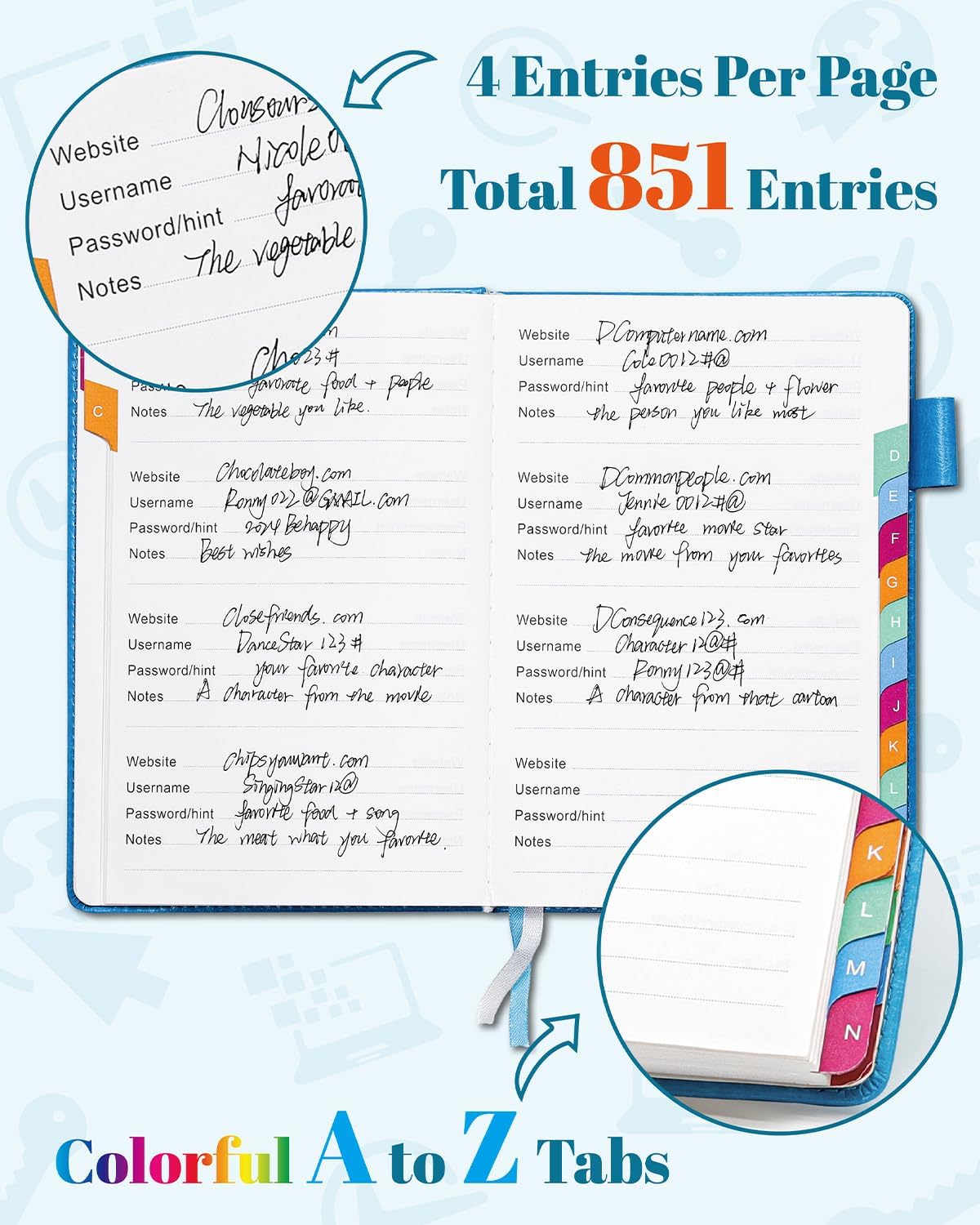 Password Keeper Book with Colorful Alphabetical Tabs, Hardcover Password Log-Book for Internet Password and Website Address, 5.8"×8.4" Password Notebook for Home Office (Blue)