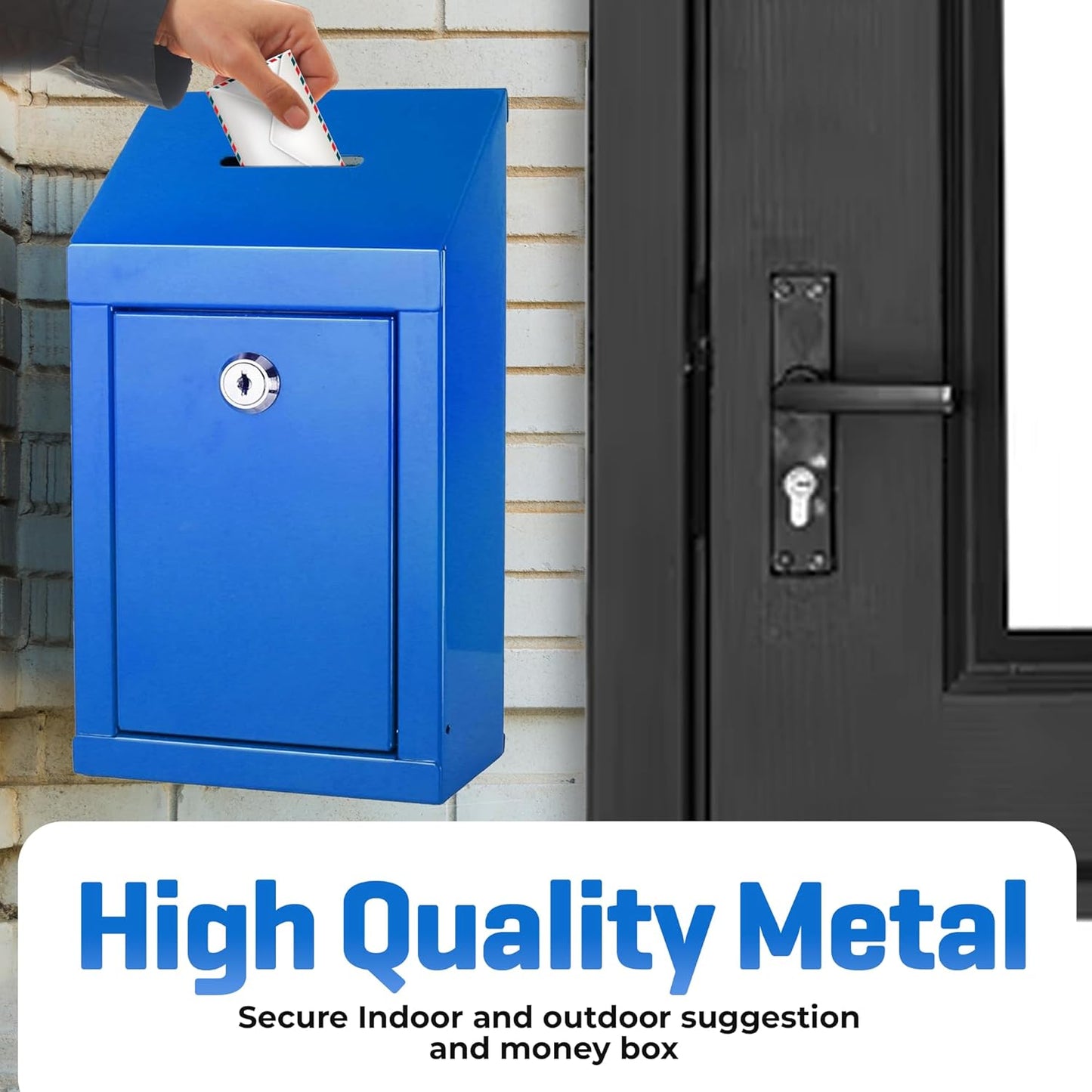 Metal Donation Box-Suggestion Box with Slot and lock-Cash Lock box for Money-Secure Drop Box-Comment and ballot voting box-comes with pre-drilled holes for easy wall mounting 10 X 6 X 2.5"(Blue)