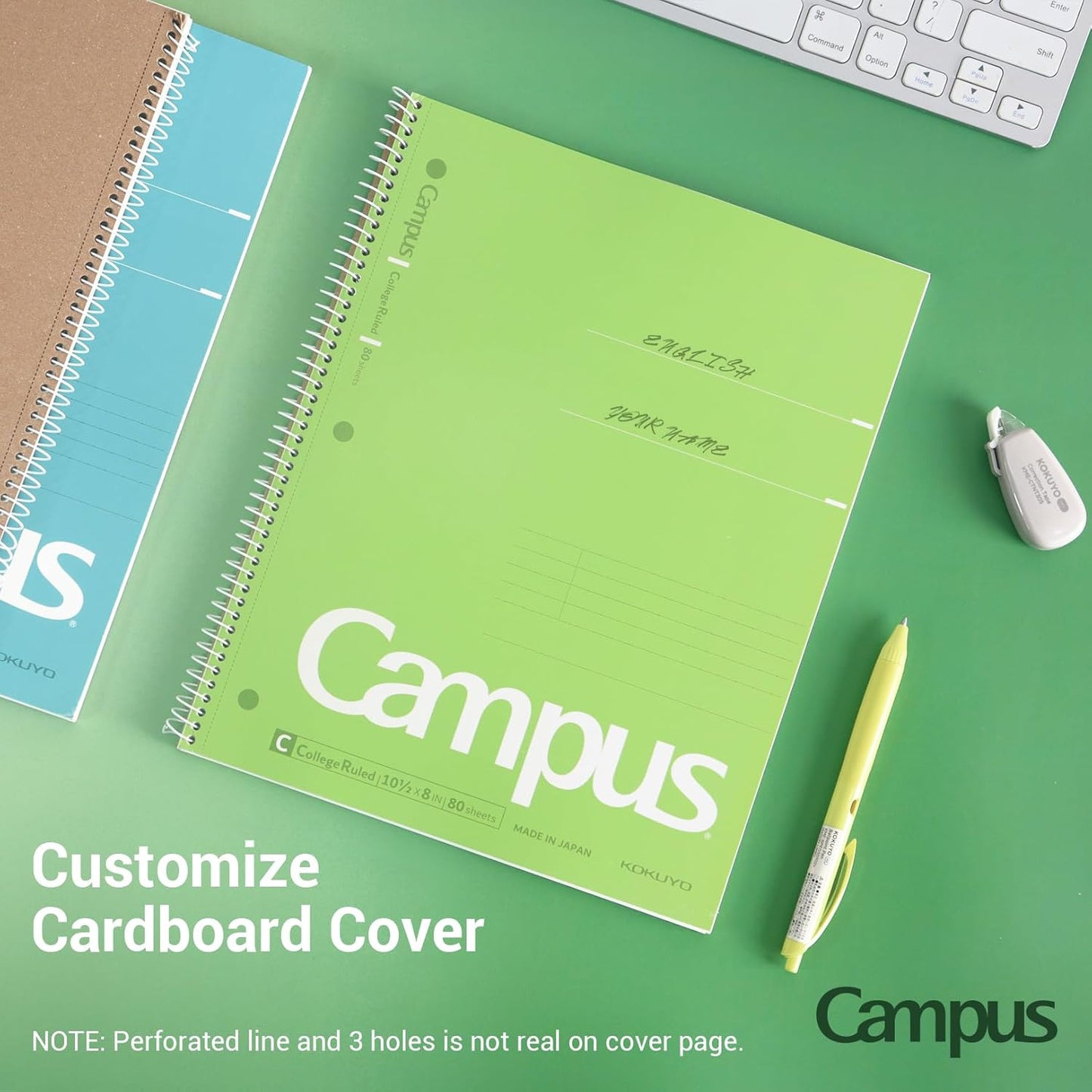 KOKUYO Spiral Notebook, 3 Pack Campus 10-1/2" x 8" Subject Notebooks with College Ruled, 80 Sheets, Pink Blue Green 3 Holes School Spiral Journal for Work Study Note Taking (WSG-SU-400G1×3)