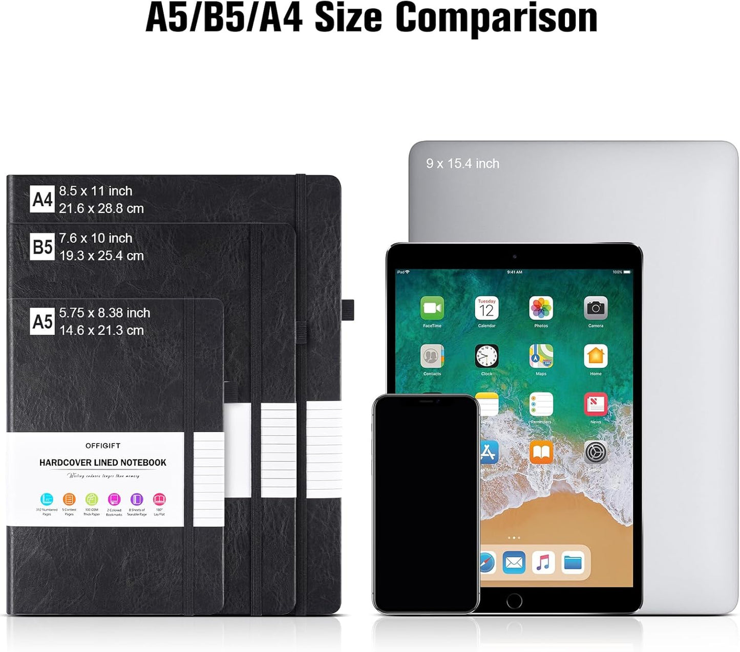 Lined Journal Notebook, Large A5 College Ruled Notebook, 312 Numbered Pages Work Notebook with Index Stickers, 100gsm Thick Paper, Hardcover Vegan Leather Journal for Women Men School Office, Black