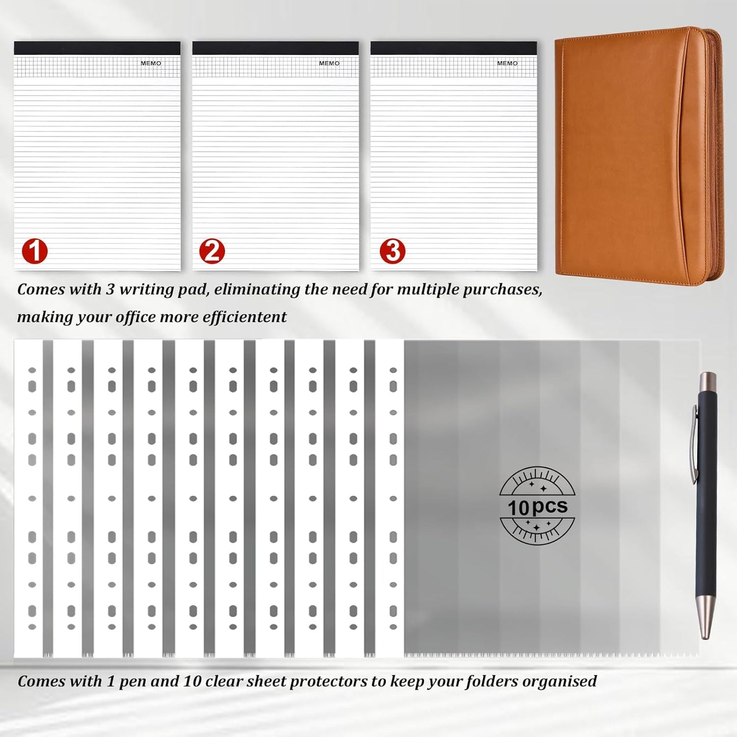 Leathario Portfolio Binder, Includes 10 Sheet Protectors and 3 Notepads, 3-Ring Folder Organizer, A4 Padfolio with Zipper, Vegan Leather Tablet Sleeve, Business Office Conference Clipboards