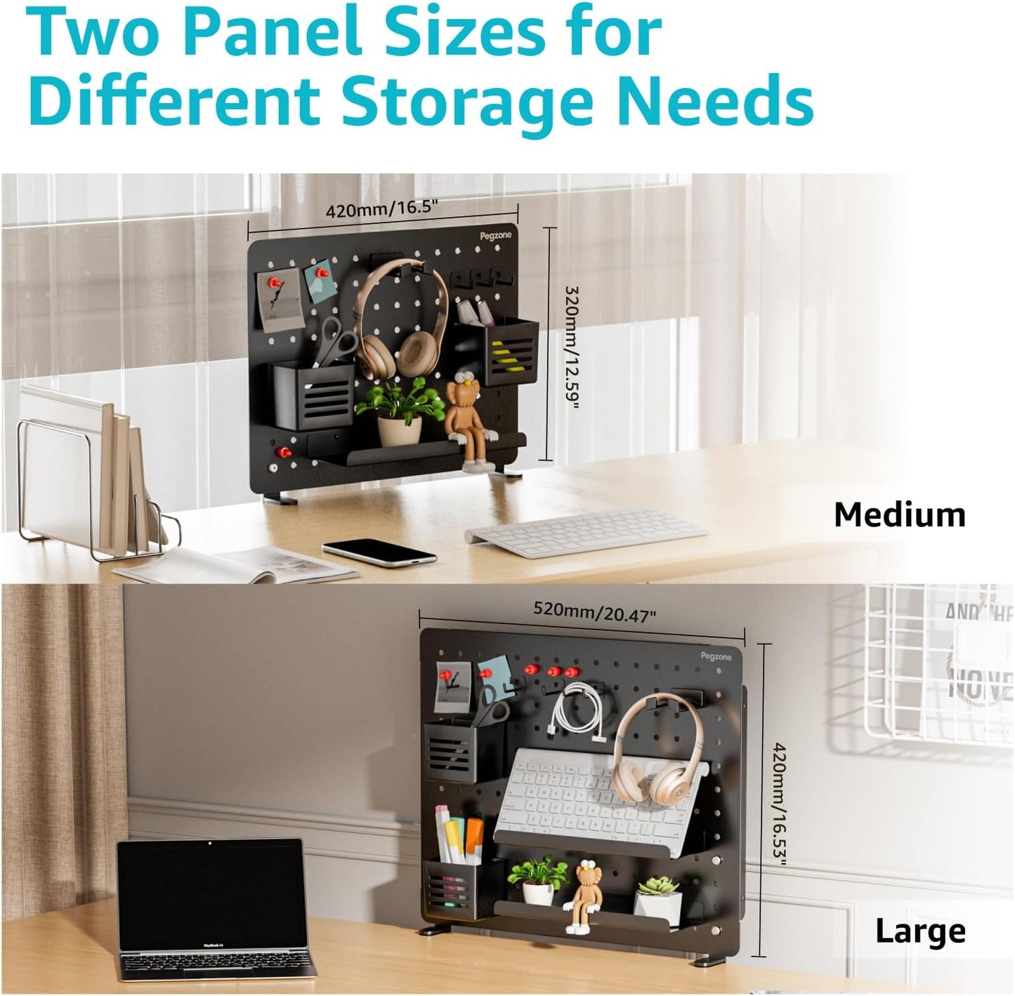 Clamp-on Desk Pegboard, Desk Organizer for Office Gaming Home, Magnetic Metal Peg Board with 15 Accessories, Privacy Panel for Office, 20.4" x 16.5", Large, Black