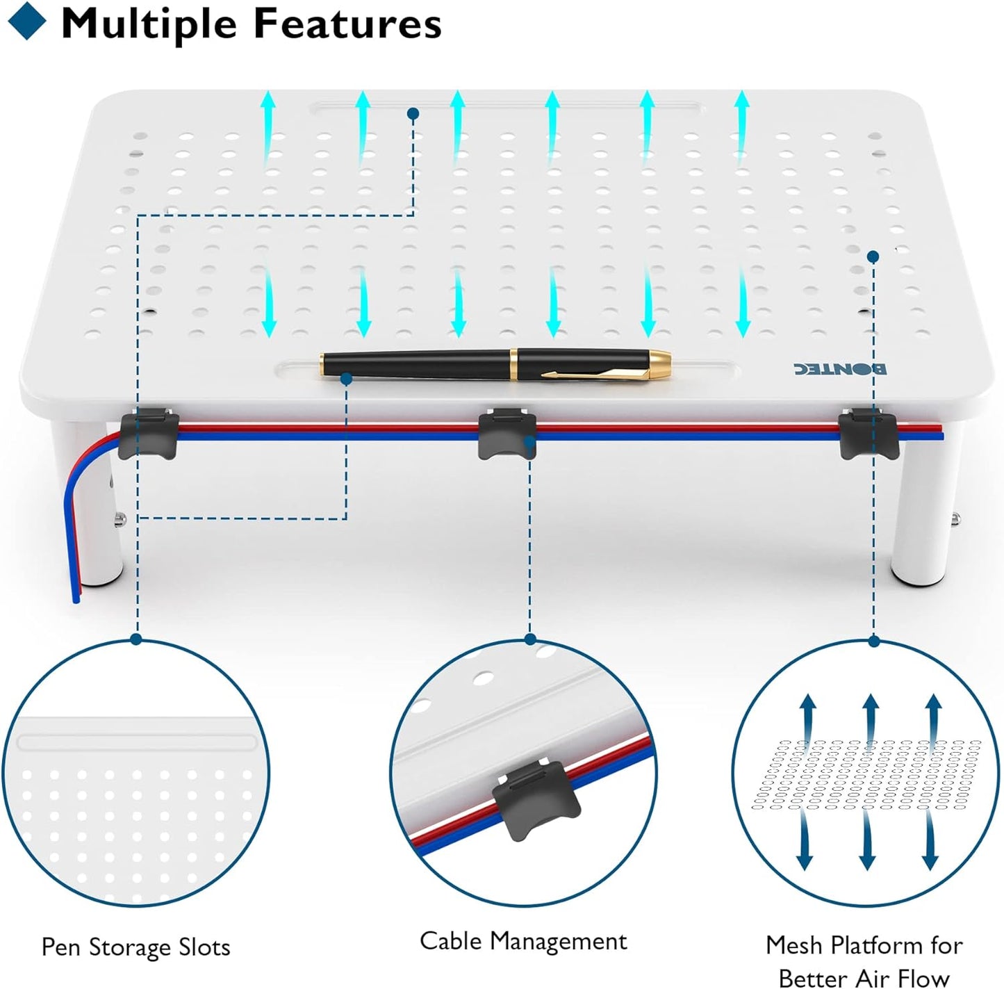 BONTEC 2 Pack 3 Height Adjustable Monitor Stand Riser with Pen Holder, Ergonomic Metal Laptop Stand with Cable Management, Desktop Stand for Computer, Printer, Monitor, Laptop, Black Steel, 14.5 in