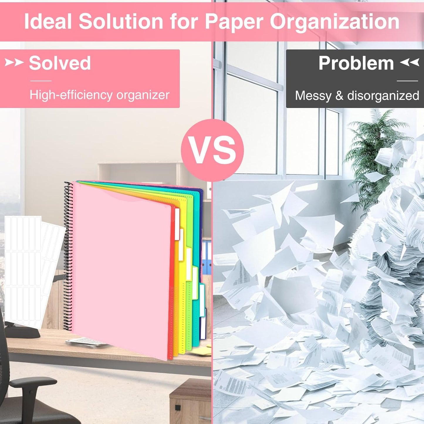 12 Pocket Project Organizer, Forvencer 1/6-cut Tab Binder Organizer with Sticky Labels, Multi Pocket Folder with Zipper Pouch, Folder Binder Spiral Pocket Notebook, Office Supplies, Letter Size, Blush