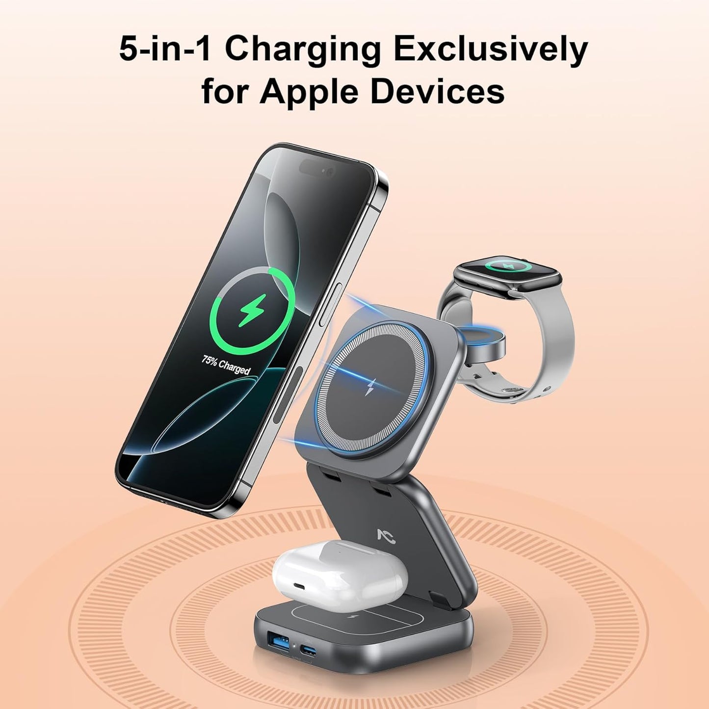 5-in-1 Wireless Charger for MagSafe, AC ISLAND Portable Travel Charging Station, 15W Max Fast Foldable Magnetic Stand, Evolved for iPhone 17/16/15/14/13 Series, Apple Watch, AirPods (with 35W Adapter)