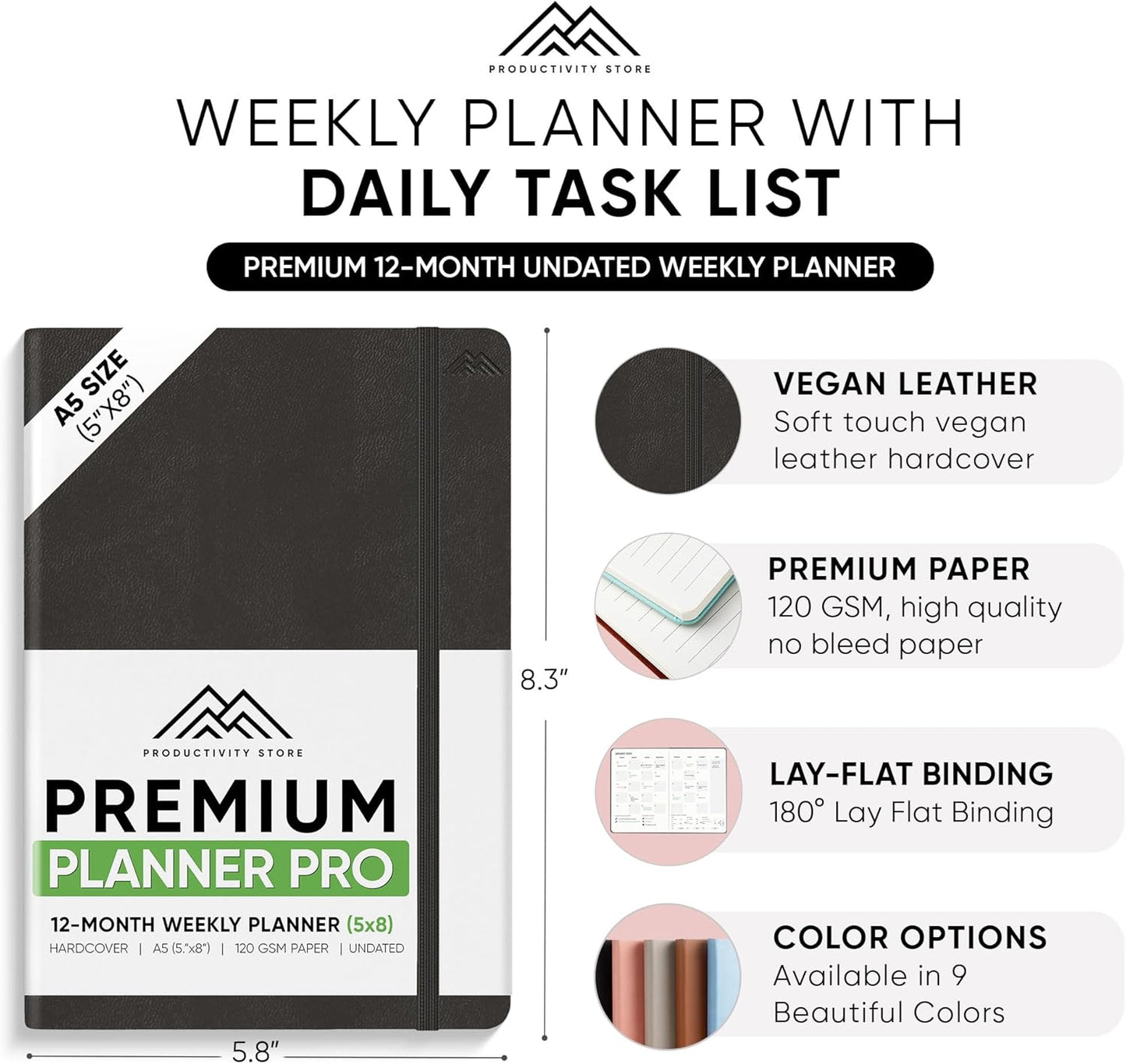 PRODUCTIVITY STORE Pro - Undated, 2025 Planner, 5.8” x 8.3” - The #1 Productivity Planner to Achieve Your 2025 Goals - Planner 2025-2026 - Black - A5