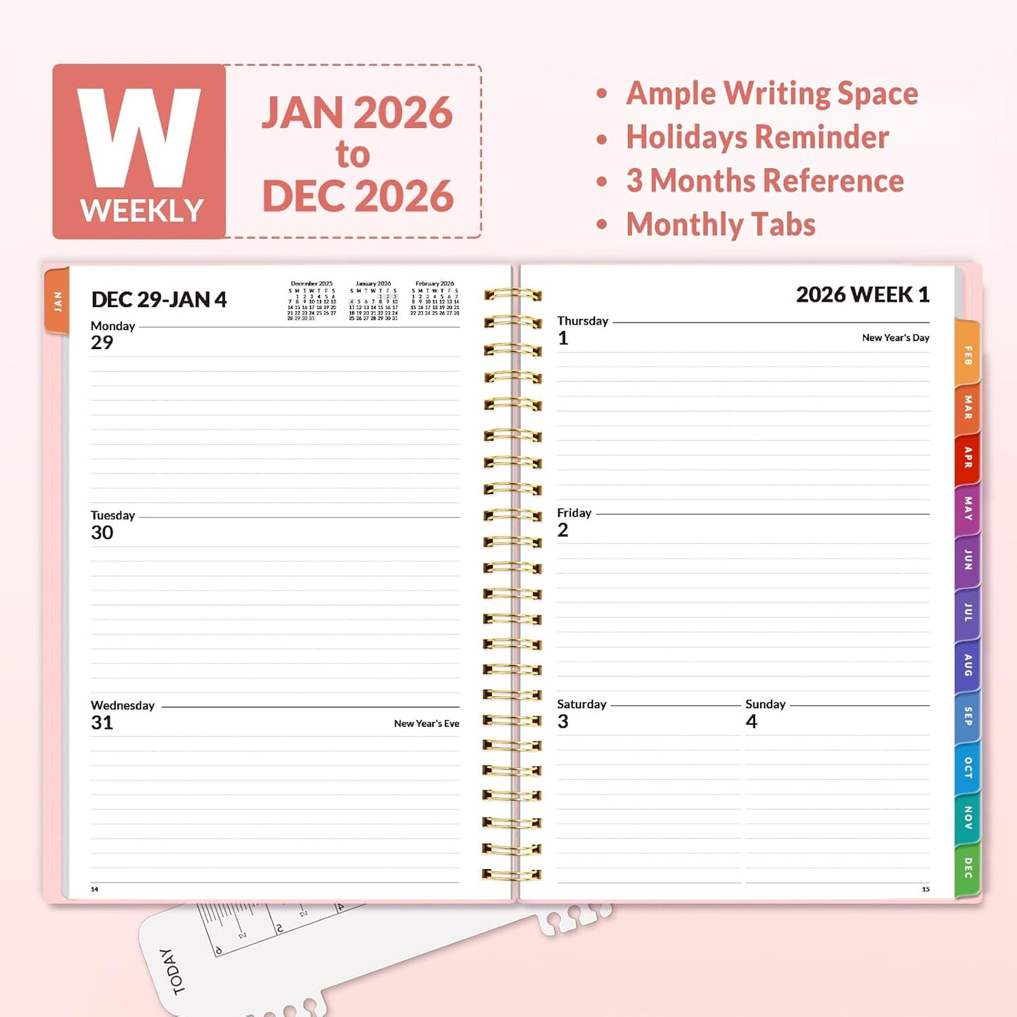 SUNEE 2026 Weekly and Monthly Planner - from January 2026 - December 2026, 6.4" x 8.3" Daily Agenda Planner with Monthly Tab, Flexible Cover, Note Pages, Pockets, Bookmark, Spiral Binding, Pink