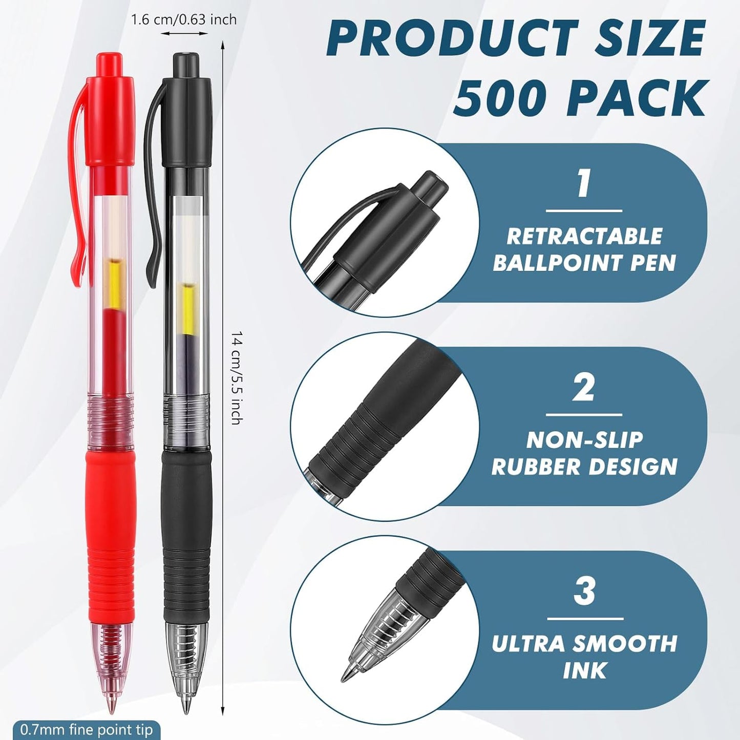 Jetec 500 Pcs Premium Gel Roller Pens Bulk, Fine Point 0.7 mm, Retractable Gel Ink Roller Ball Pens for Writing Journaling Taking Notes Office (Black,Blue,Red,Green,Purple)